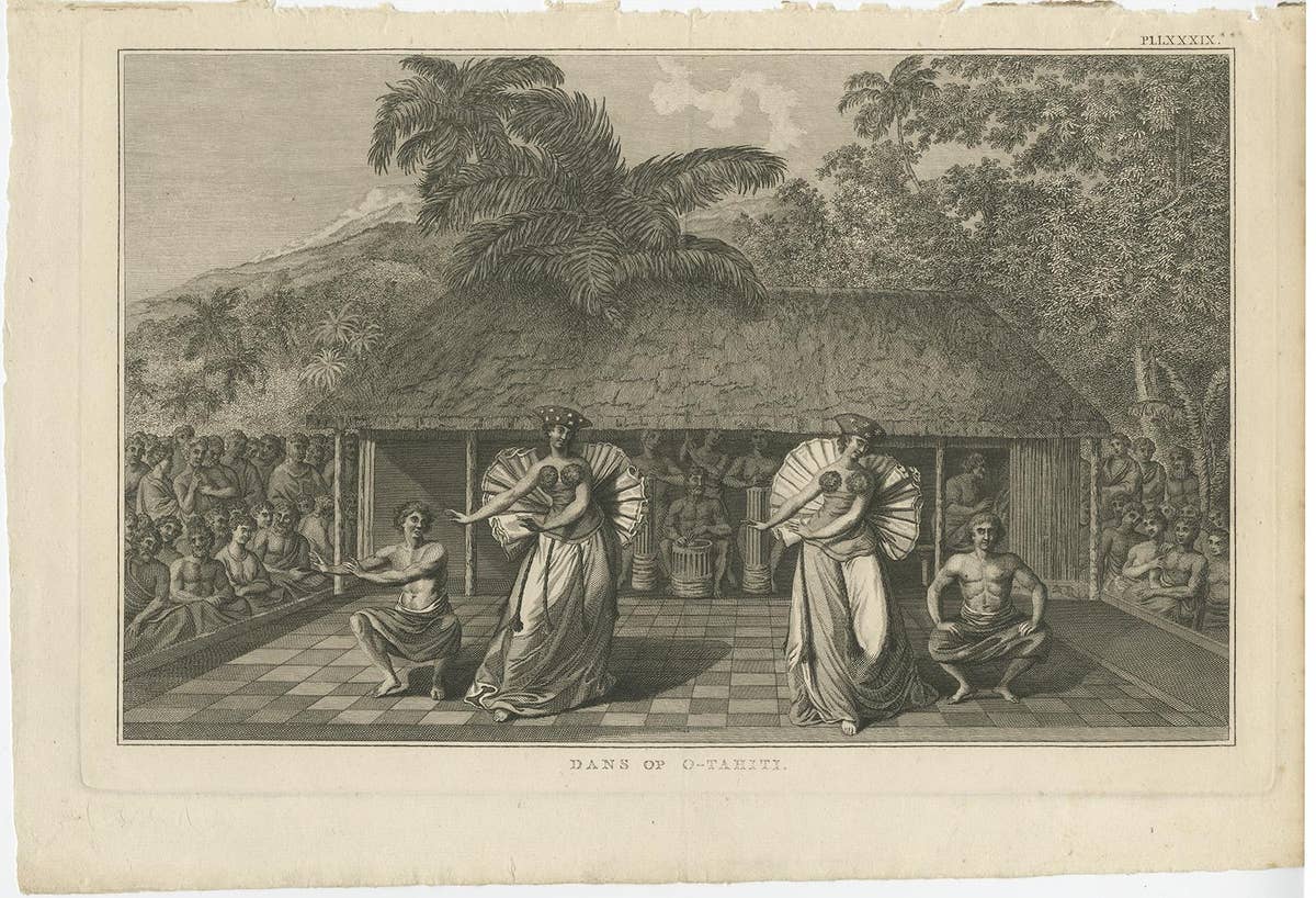 Antique Copper Plate Engraving Depicting Natives of Tahiti Dancing, 1803