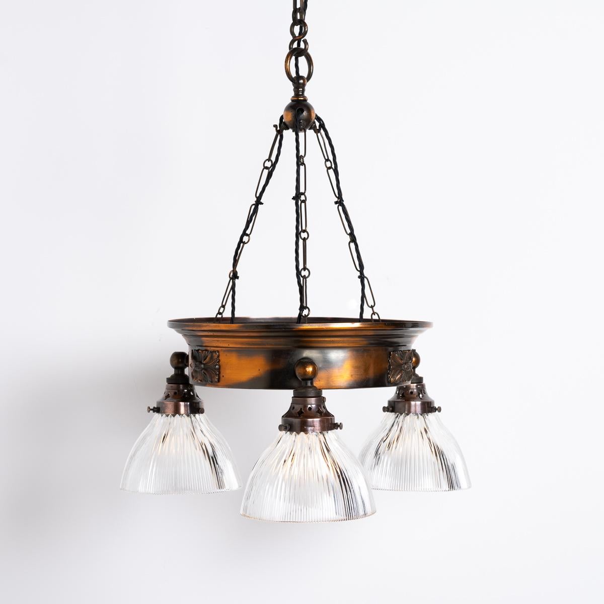 Antique Copper Ring Chandelier With Prismatic Holophane Glass Shades By Gec For Sale 5