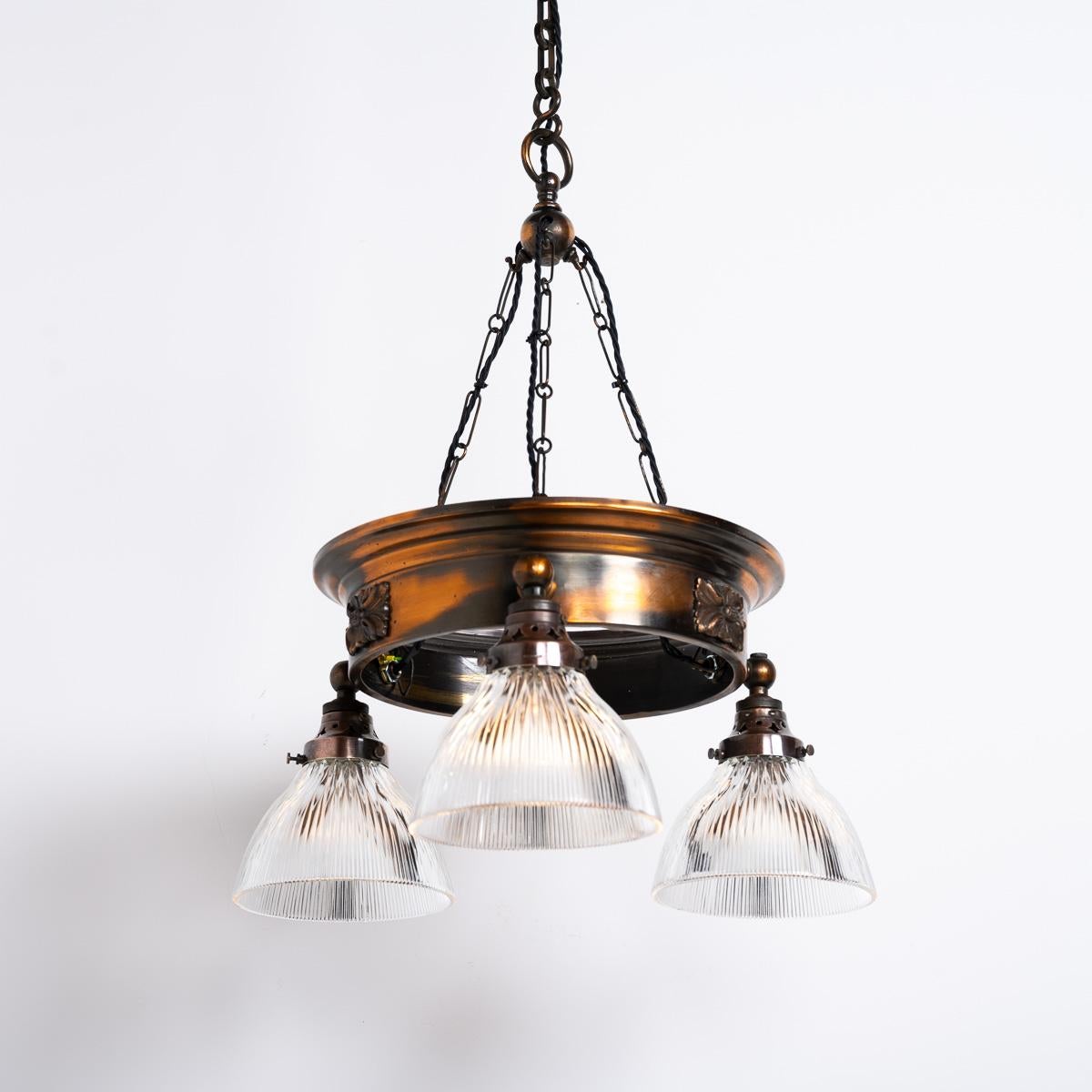 Industrial Antique Copper Ring Chandelier With Prismatic Holophane Glass Shades By Gec For Sale