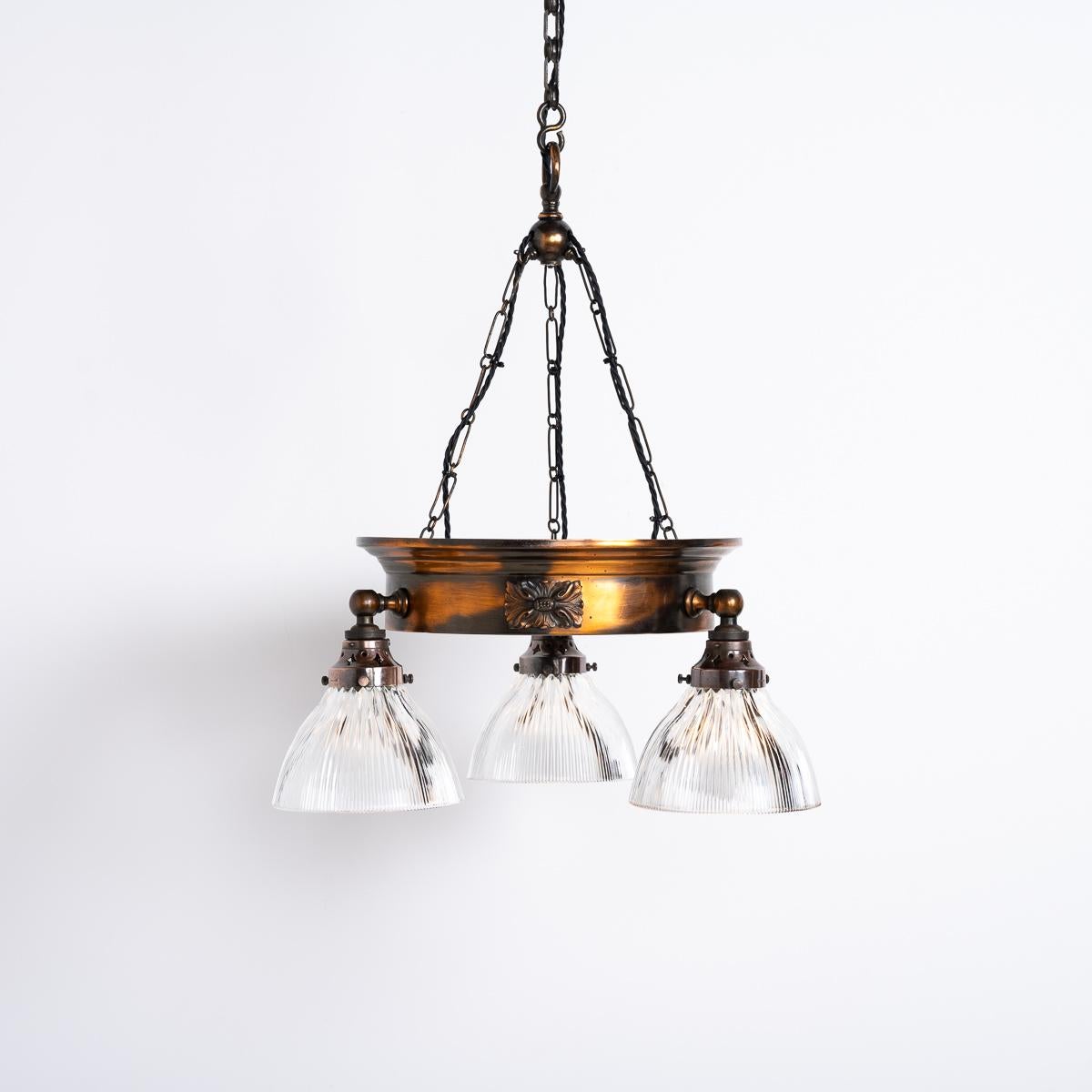 Antique Copper Ring Chandelier With Prismatic Holophane Glass Shades By Gec In Good Condition For Sale In Nottingham, GB