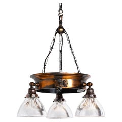 Antique Copper Ring Chandelier With Prismatic Holophane Glass Shades By Gec