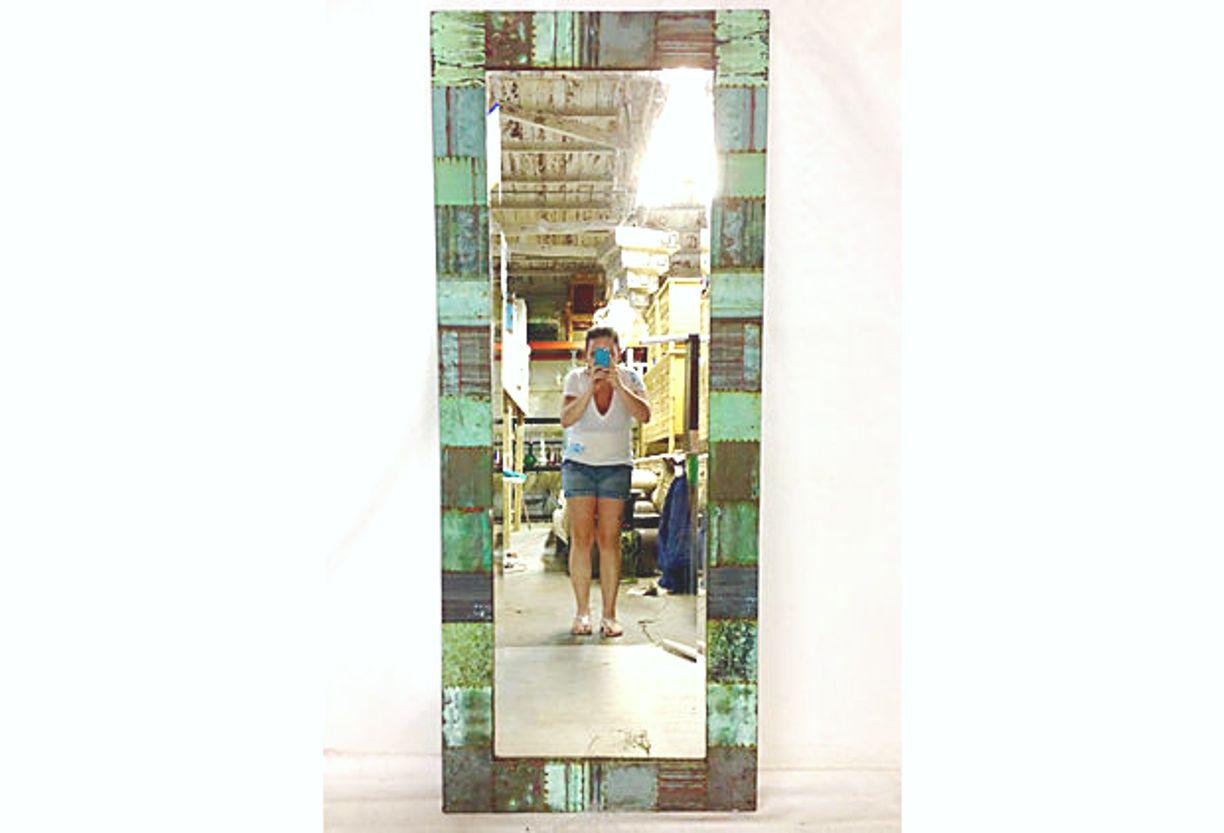19th Century New York City  salvaged antique copper roof tile framed full length mirror. Salvaged from late 19th century NYC buildings, these roof tiles are shades of verdigris, green and copper. Mounted on a heavy wood backing with, existing