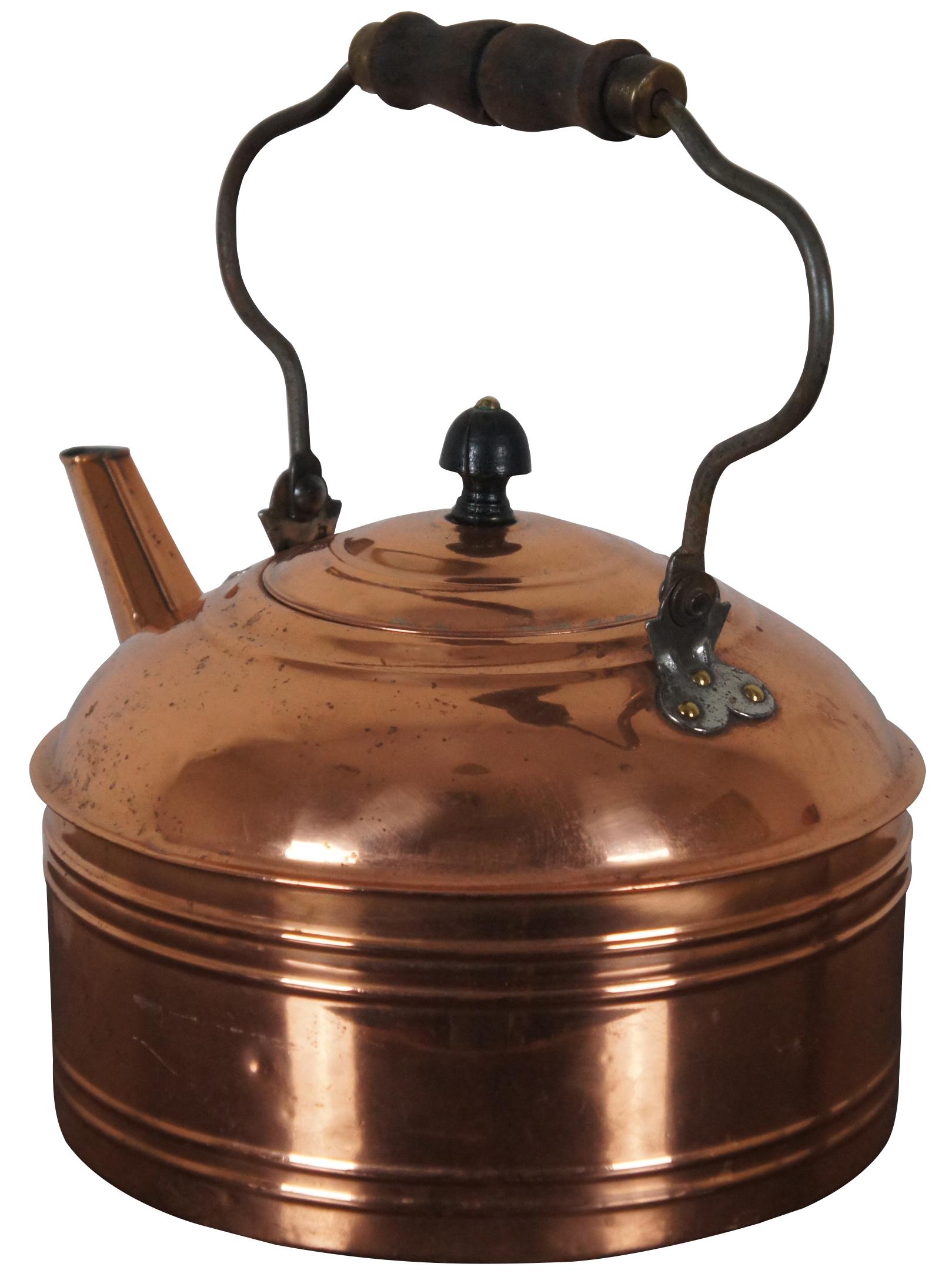 Victorian Antique Copper Tea Kettle Coffee Pot Straight Spout Rustic Wooden Handle