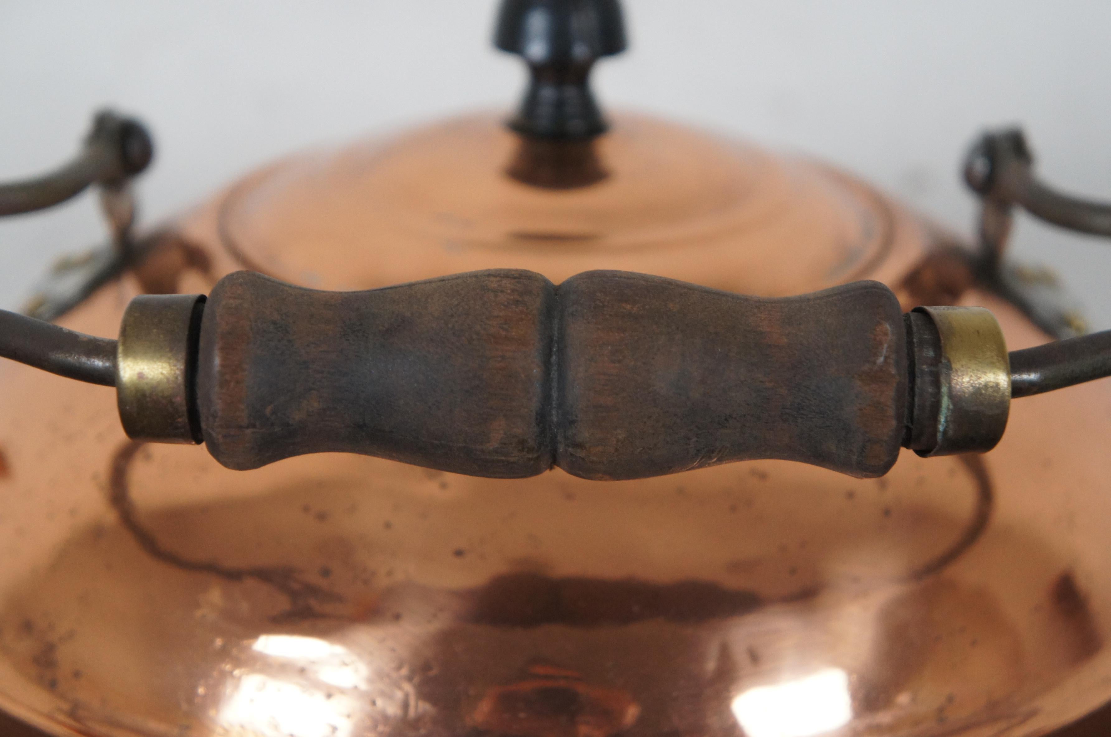 20th Century Antique Copper Tea Kettle Coffee Pot Straight Spout Rustic Wooden Handle