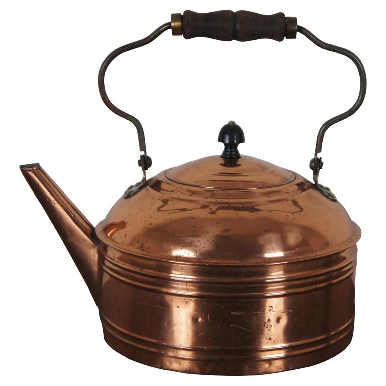 Antique Copper Tea Kettle Coffee Pot Straight Spout Rustic Wooden