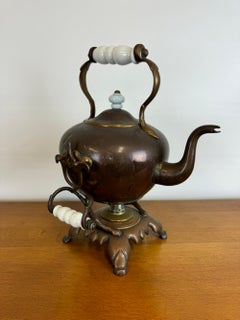 Antique Copper Tea Kettle on Ornate Stand with Porcelain Handles