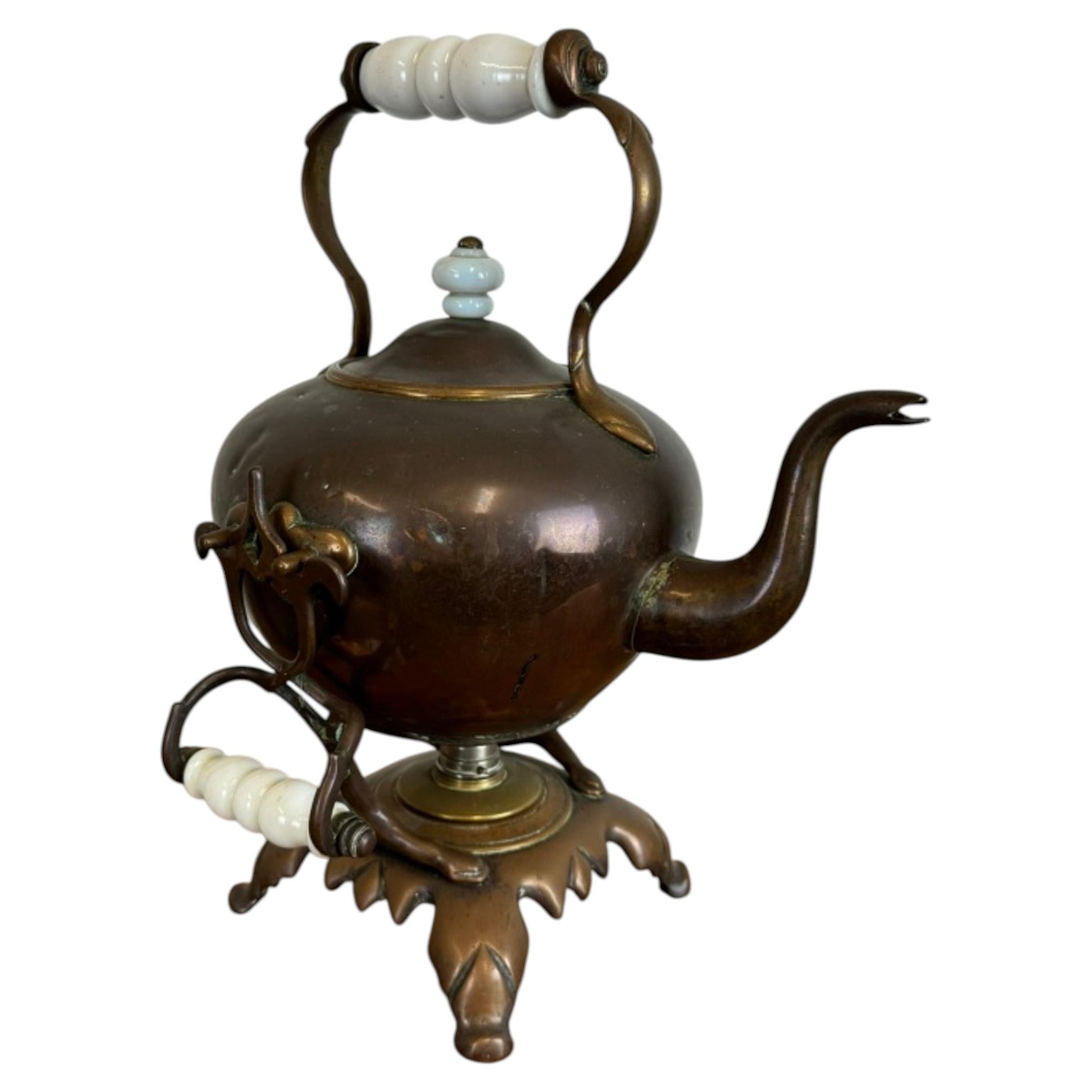 Antique Copper Tea Kettle on Ornate Stand with Porcelain Handles