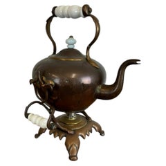 Antique Copper Tea Kettle on Ornate Stand with Porcelain Handles