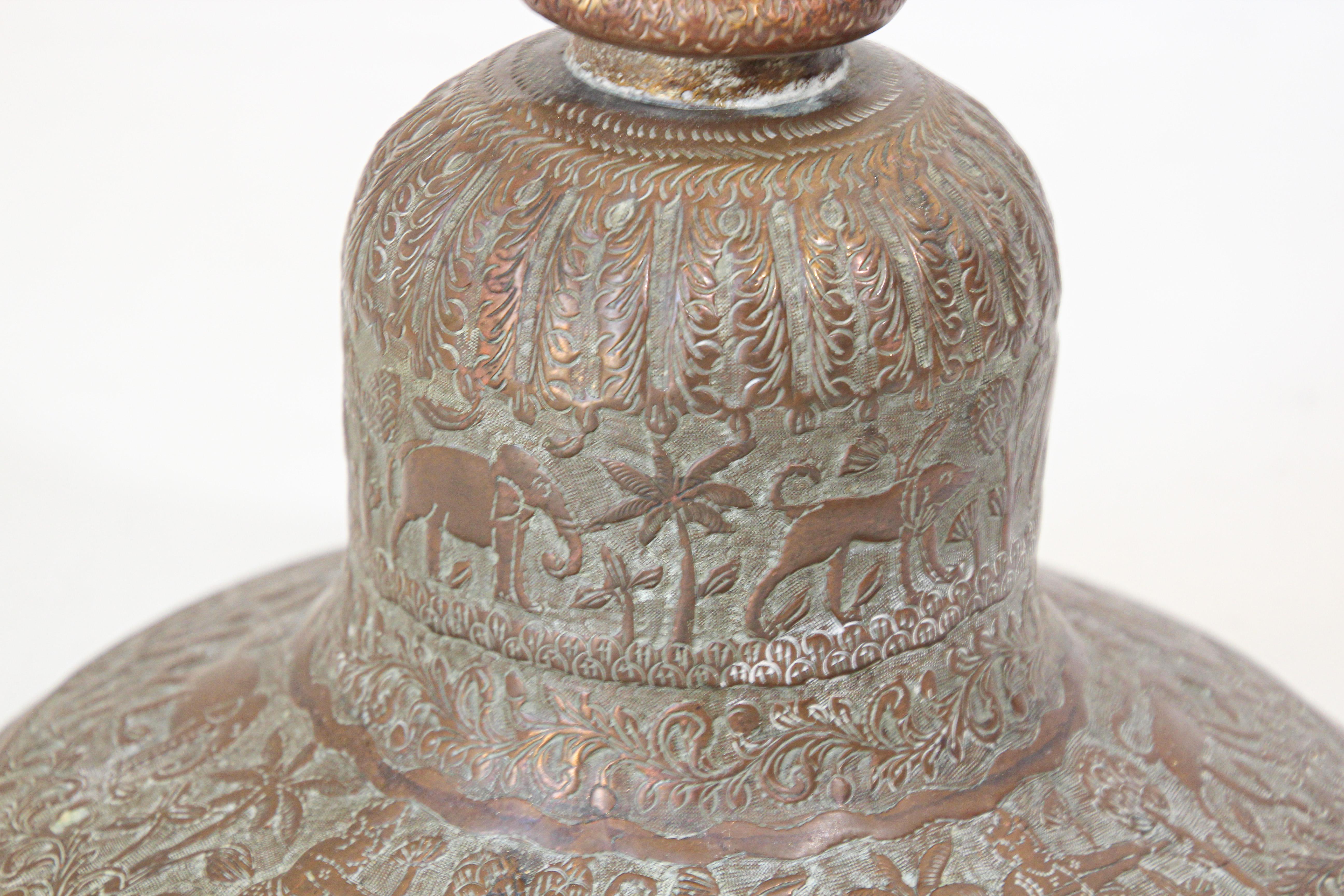 Hand-Carved Antique Copper Vase with Hindu Scenes, 19th Century For Sale