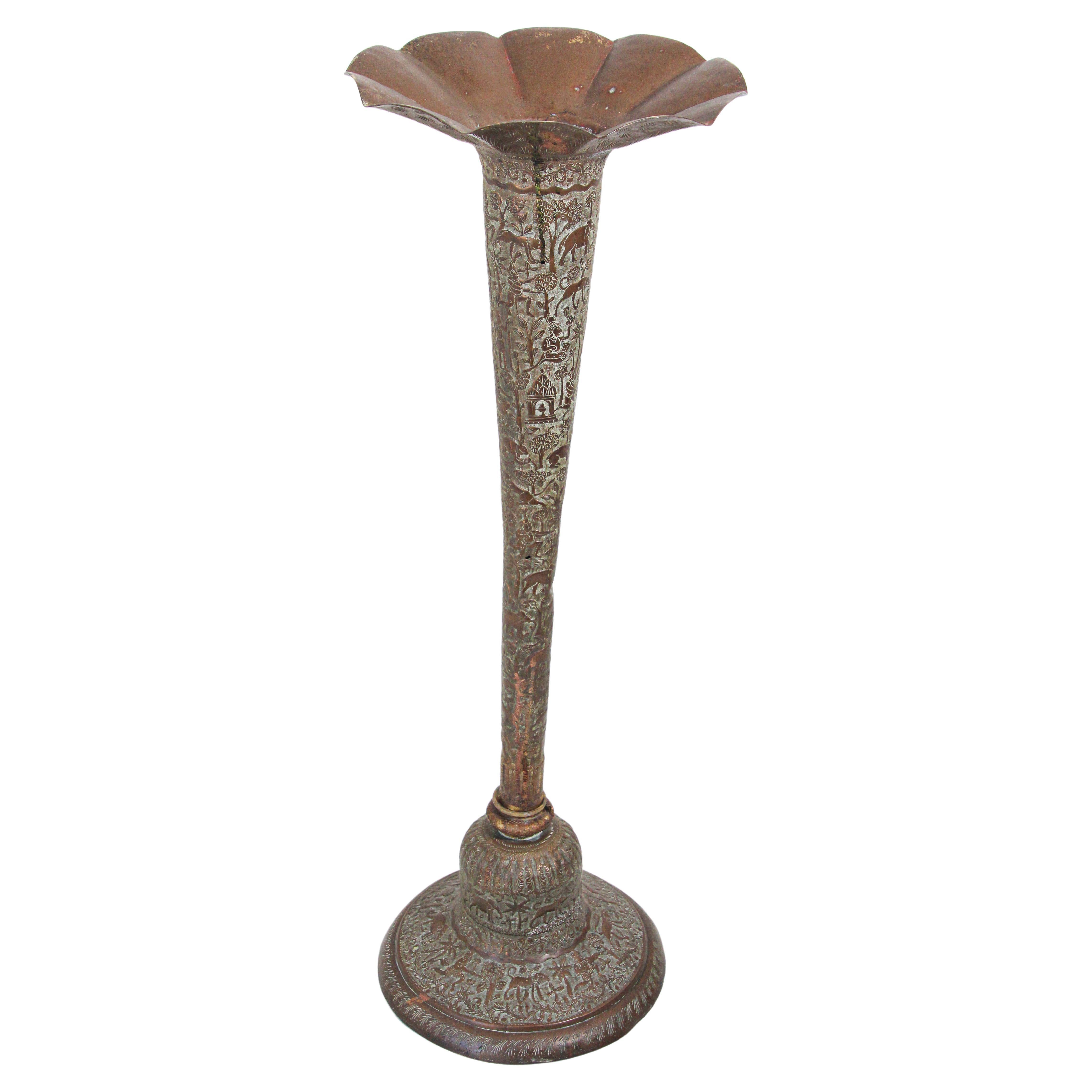 Antique Copper Vase with Hindu Scenes, 19th Century
