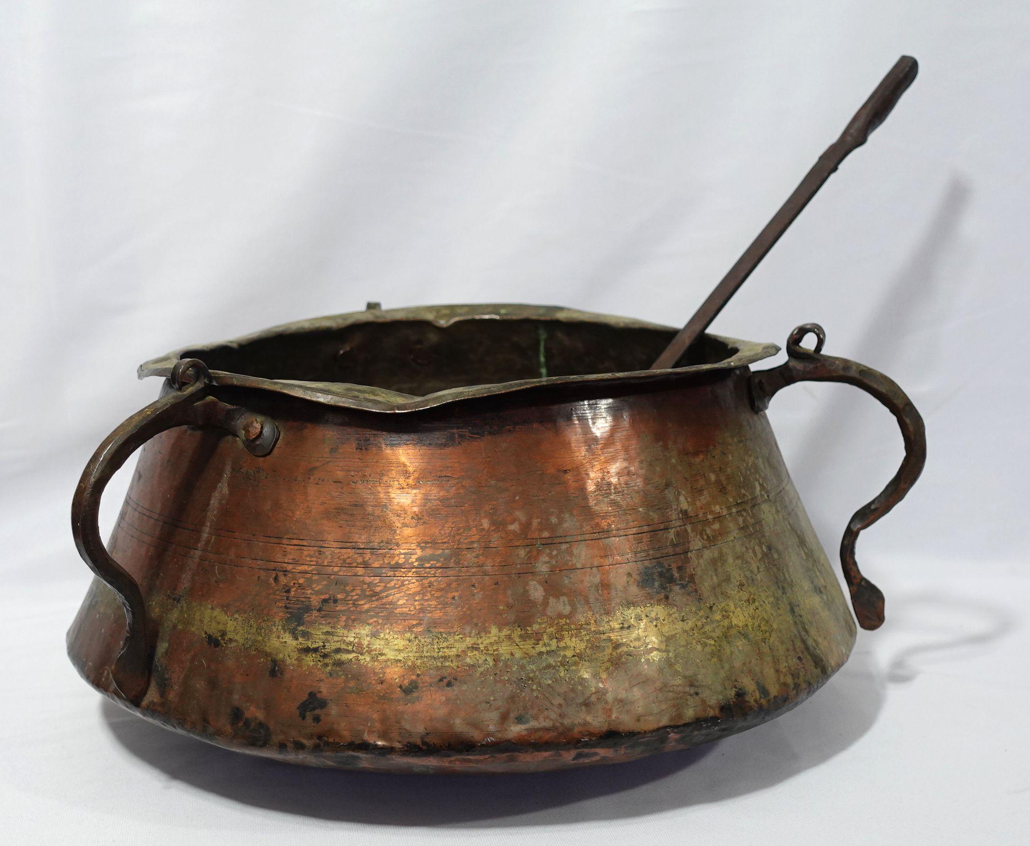 Antique Large Copper W/ 3 Forged Handle Cauldron and A Matching Copper Ladle, hand hammered. measured 19