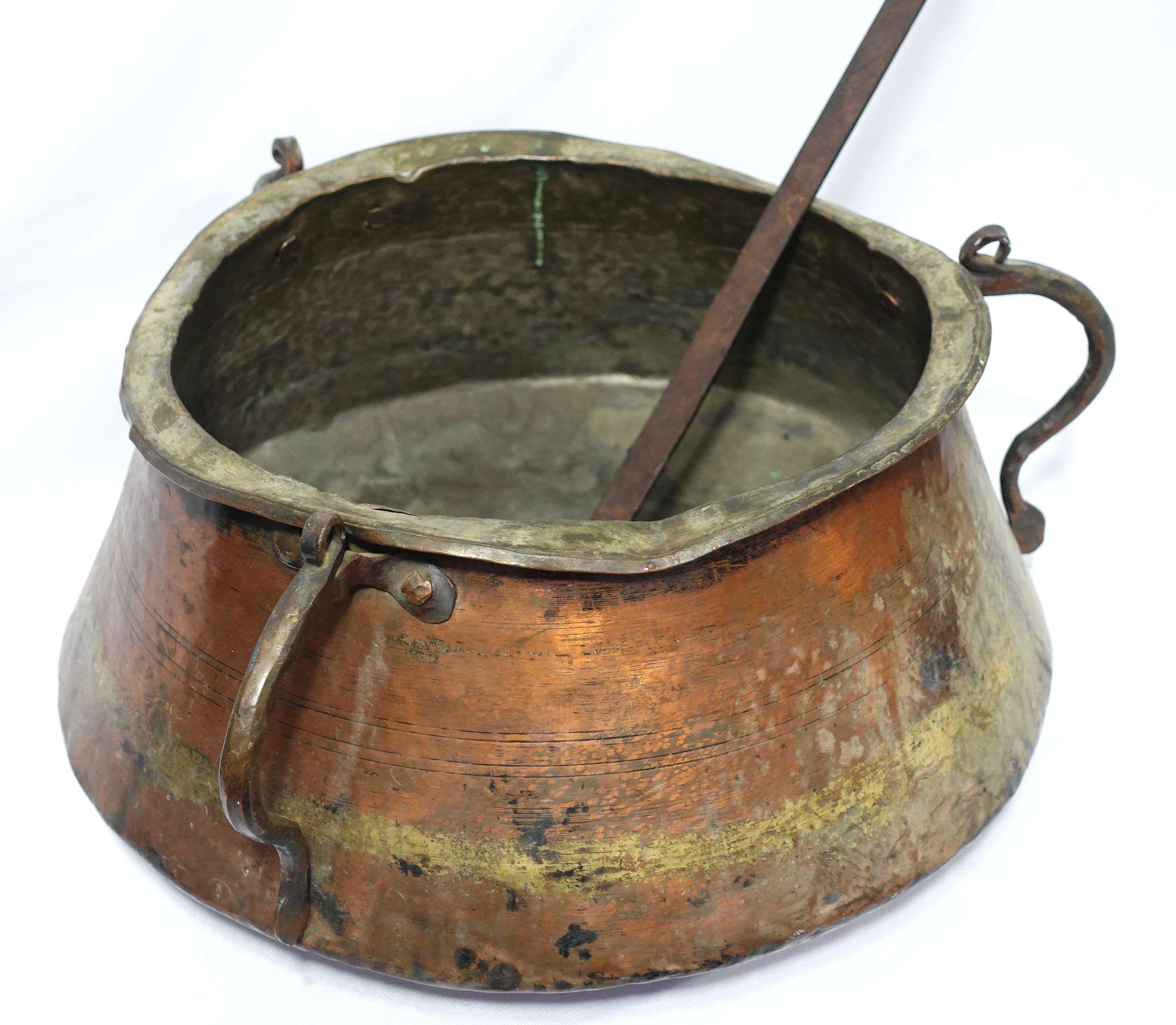 English Antique Copper W/ 3 Forged Handle Cauldron and A Matching Copper Ladle, CO#004 For Sale