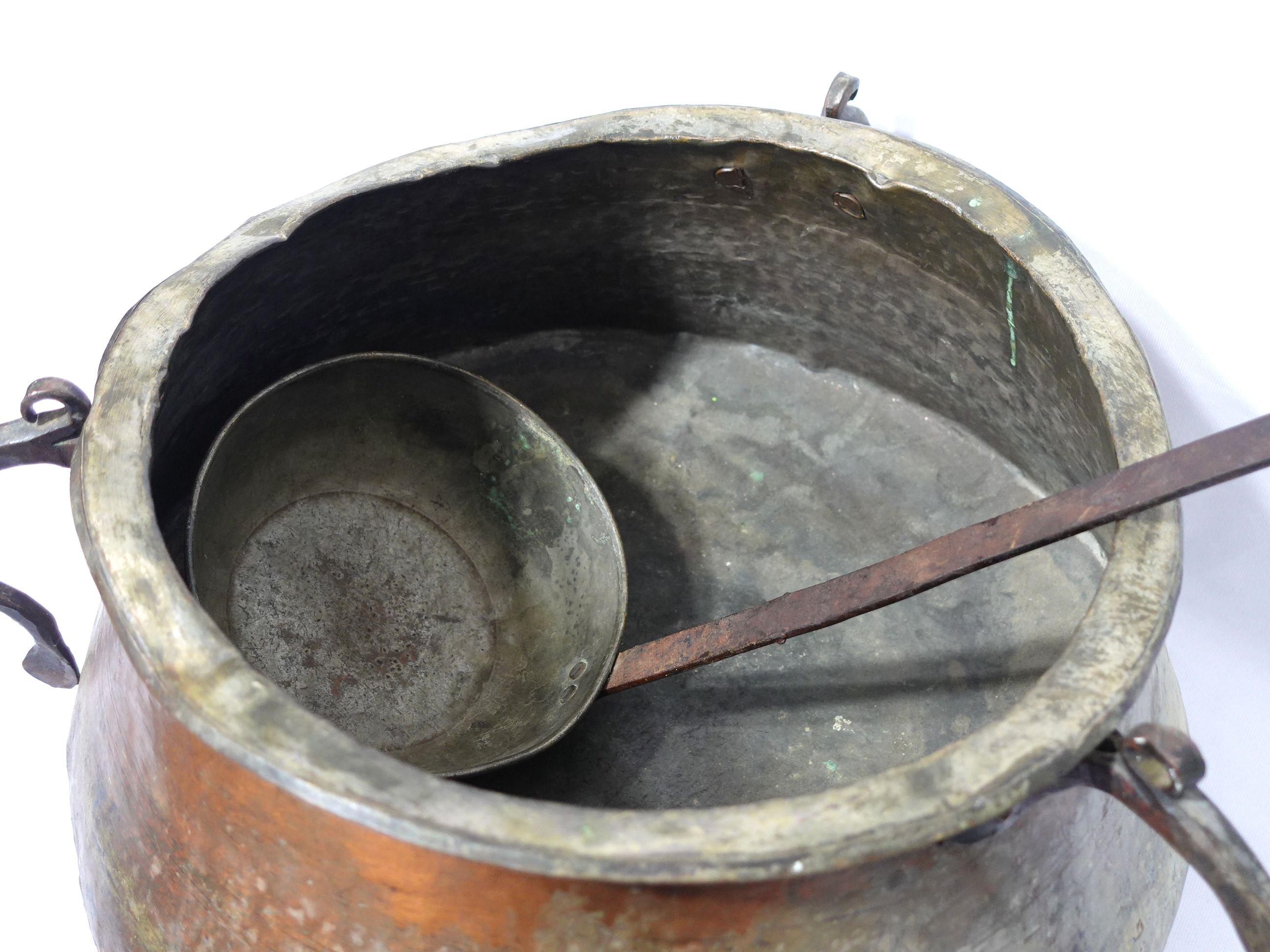 19th Century Antique Copper W/ 3 Forged Handle Cauldron and A Matching Copper Ladle, CO#004 For Sale