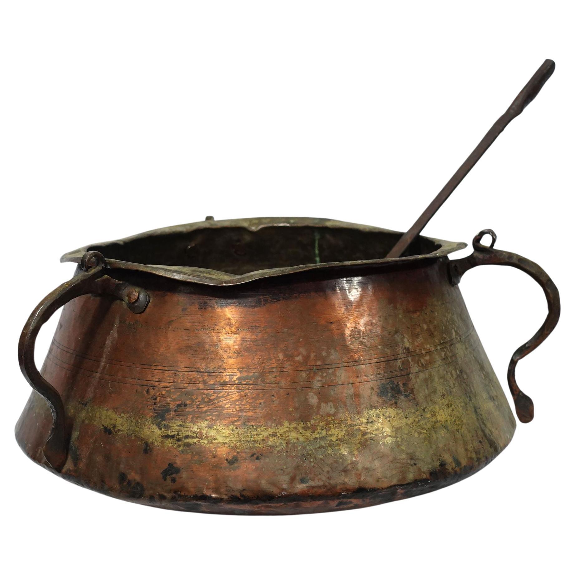 Antique Copper W/ 3 Forged Handle Cauldron and A Matching Copper Ladle, CO#004 For Sale