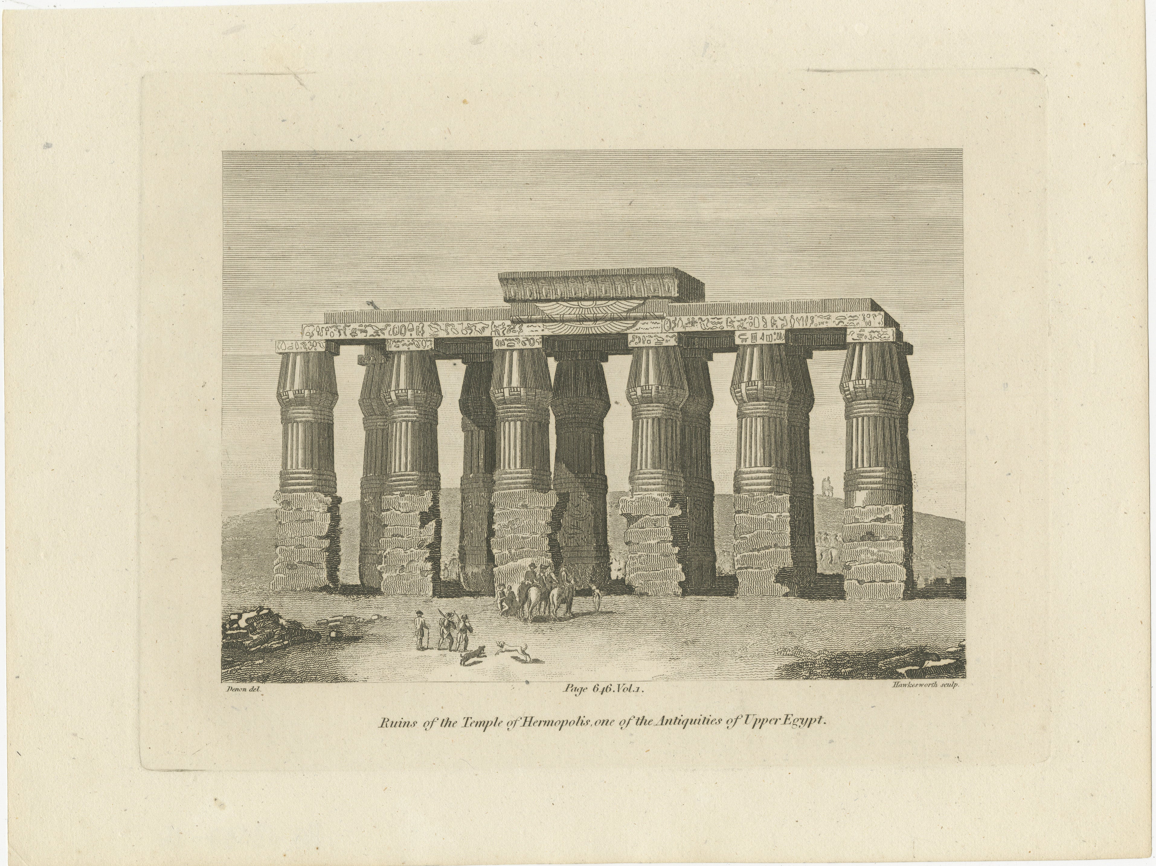 This is an 1820 copperplate engraving by Denon, expertly crafted by Hawkesworth, depicting the ruins of the Temple of Hermopolis in Egypt. 

Ruins of the Temple of Hermopolis, Upper Egypt, was one of the sites surveyed by the French during Napoleons