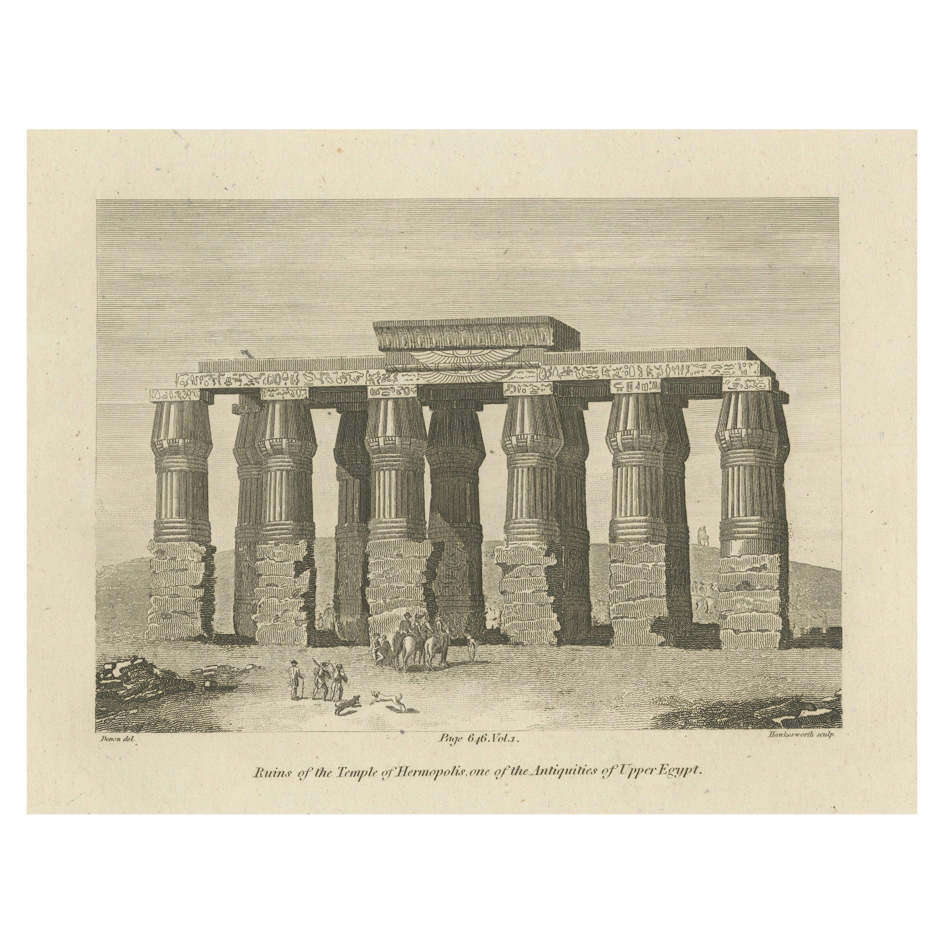 Incisione antica su rame delle rovine del Tempio di Hermopolis, 1820