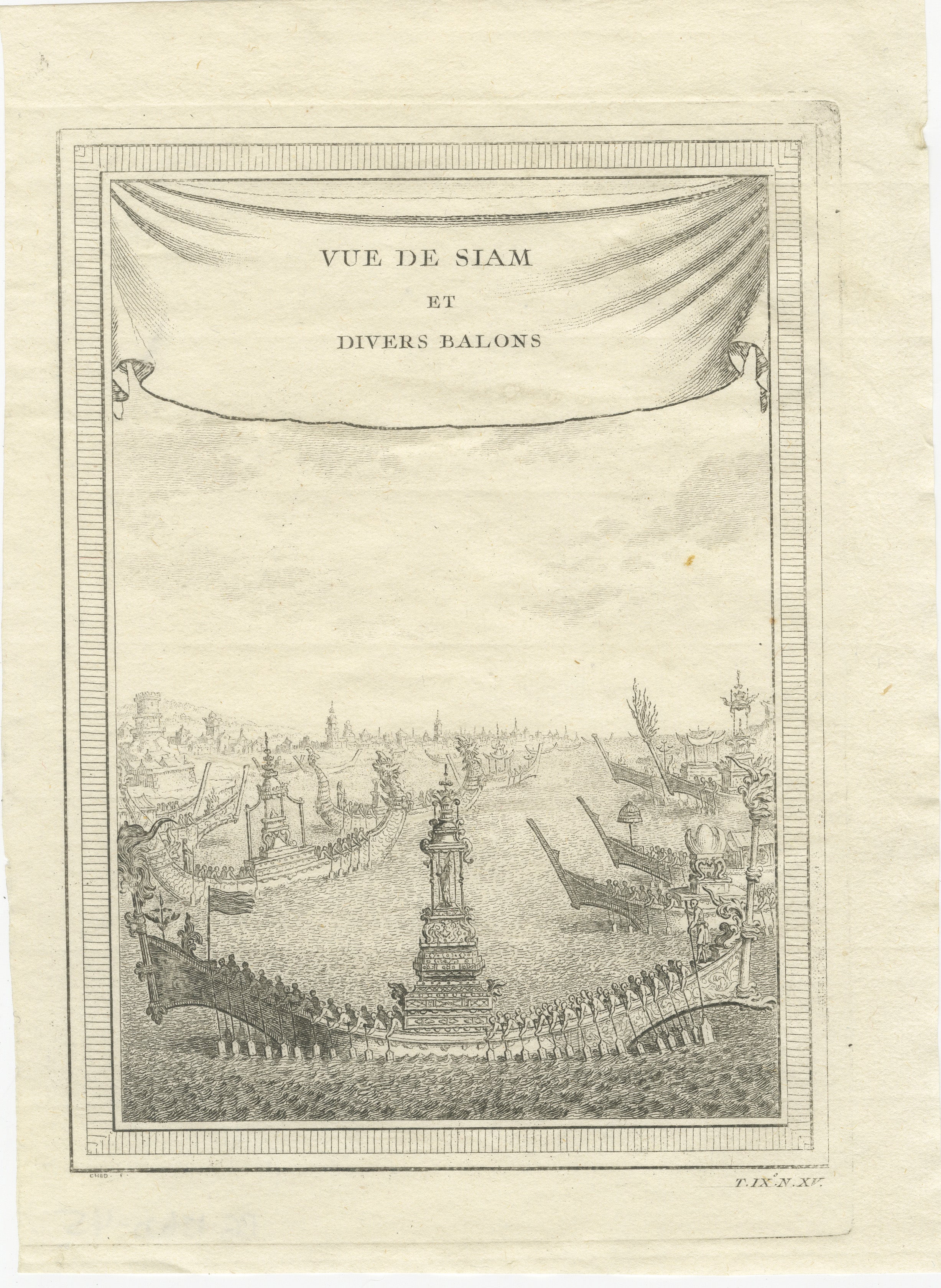 An original engraving featuring a view of Siam, which is present-day Thailand, specifically a view of the city of Ayutthaya with numerous boats depicted on the river. The title, 