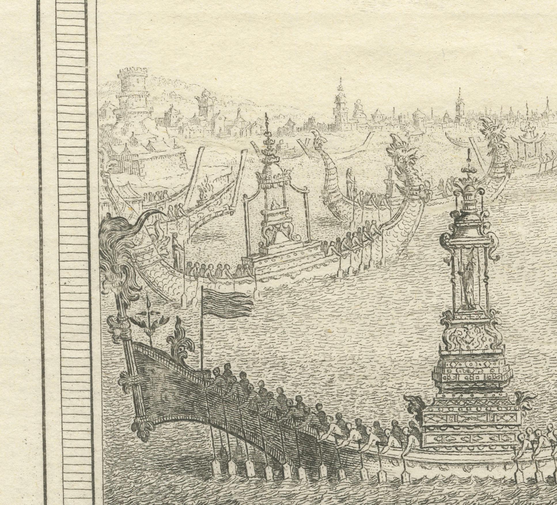 Impression ancienne en cuivre d' Ayutthaya, Vue de Siam et divers bateaux, 1751 Bon état - En vente à Langweer, NL
