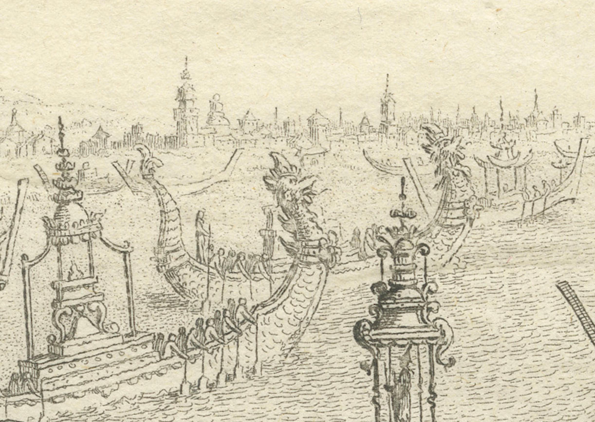 Milieu du XVIIIe siècle Impression ancienne en cuivre d' Ayutthaya, Vue de Siam et divers bateaux, 1751 en vente