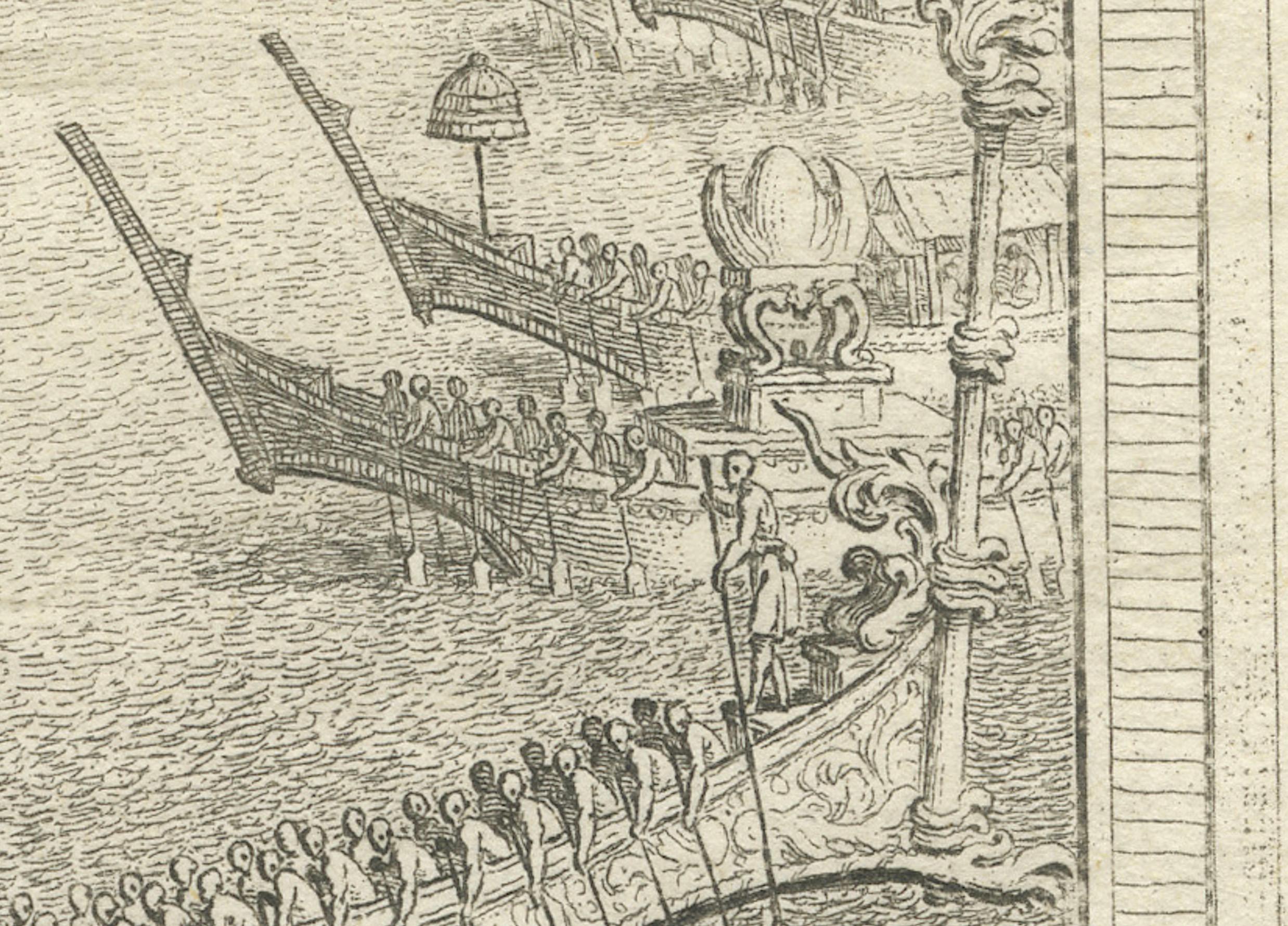 Papier Impression ancienne en cuivre d' Ayutthaya, Vue de Siam et divers bateaux, 1751 en vente