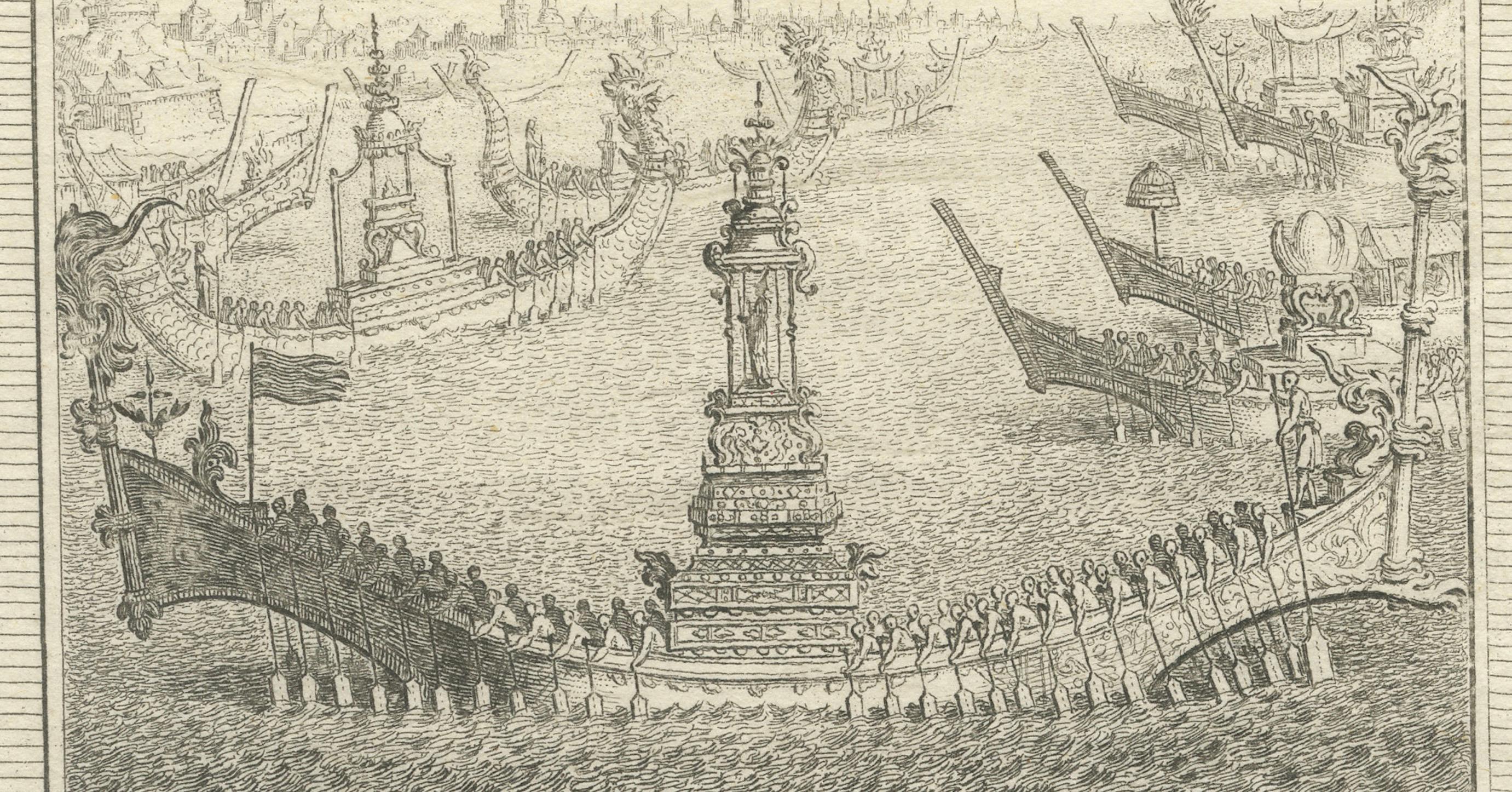 Impression ancienne en cuivre d' Ayutthaya, Vue de Siam et divers bateaux, 1751 en vente 1