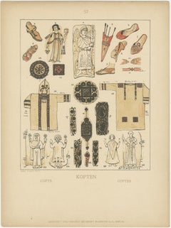 Antique Coptic Costume and Textile Plate, Hand-Colored Print c.1880