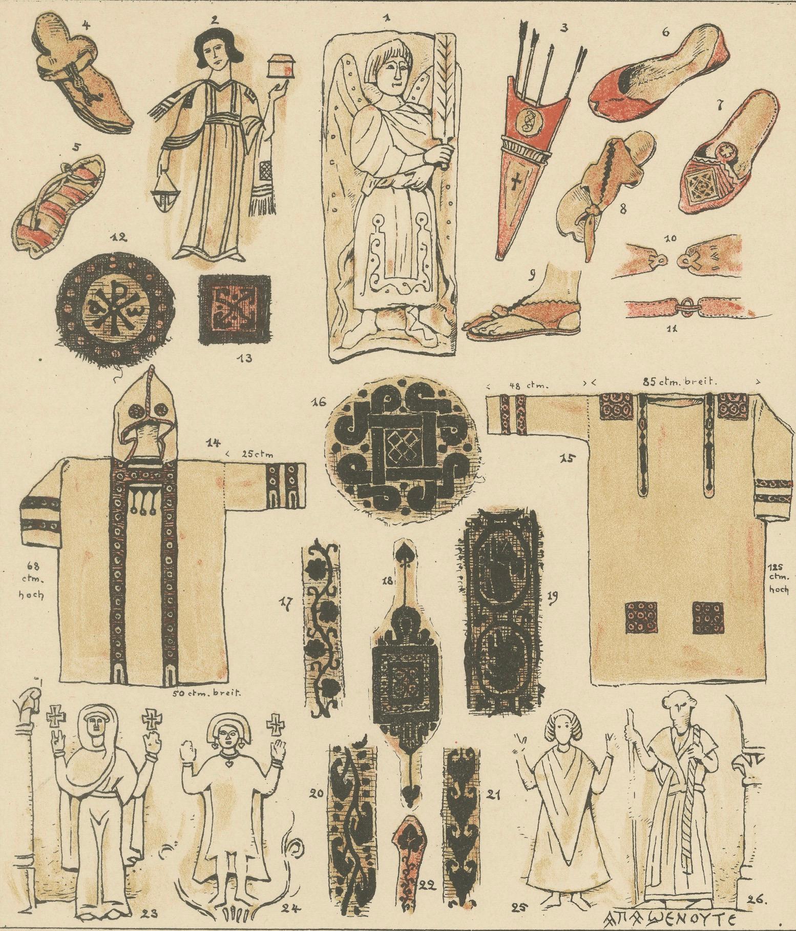 Antique Coptic Costume and Textile Plate, Hand-Colored Print c.1880