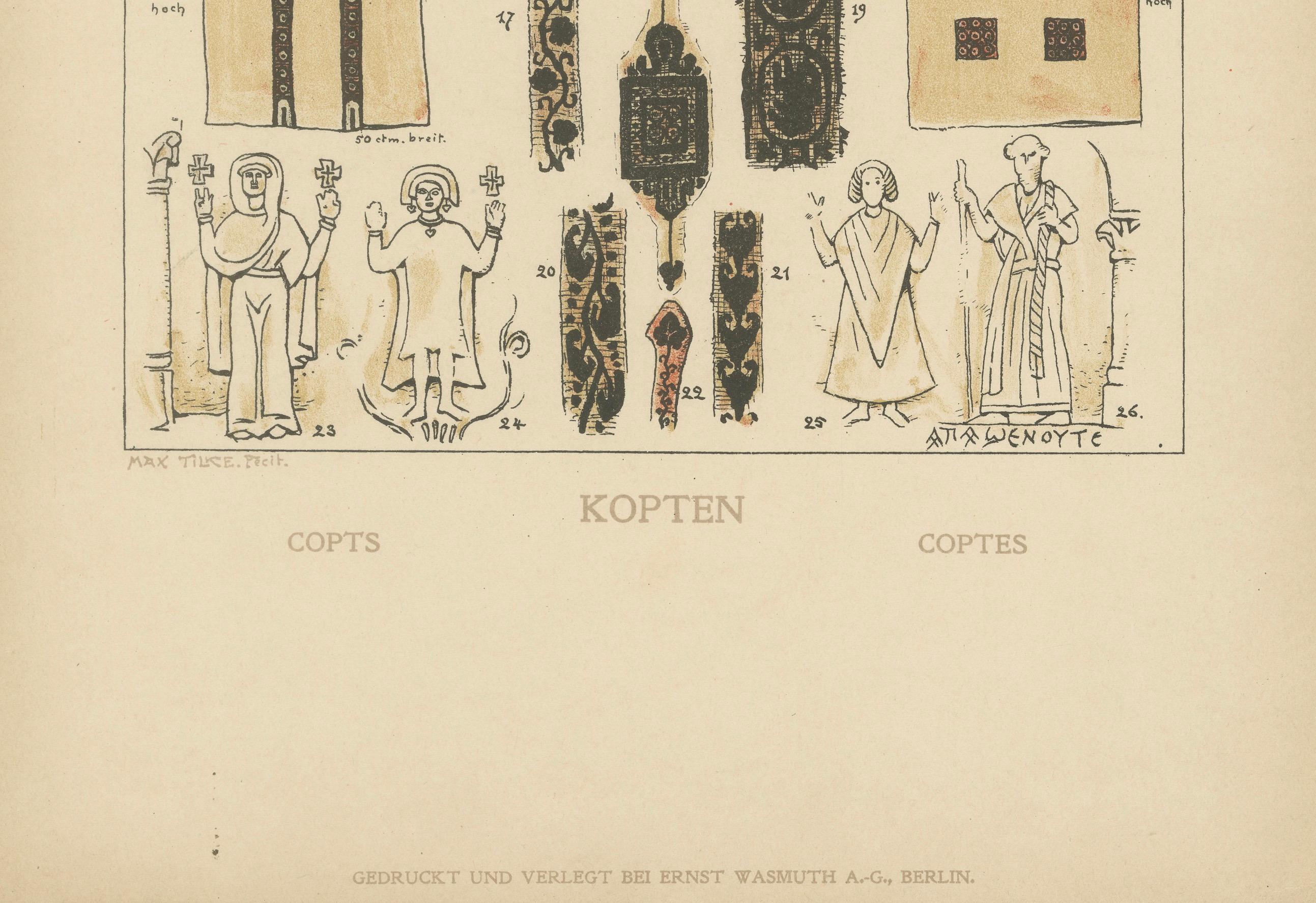 Antique Coptic Costume and Textile Plate, Hand-Colored Print c.1880