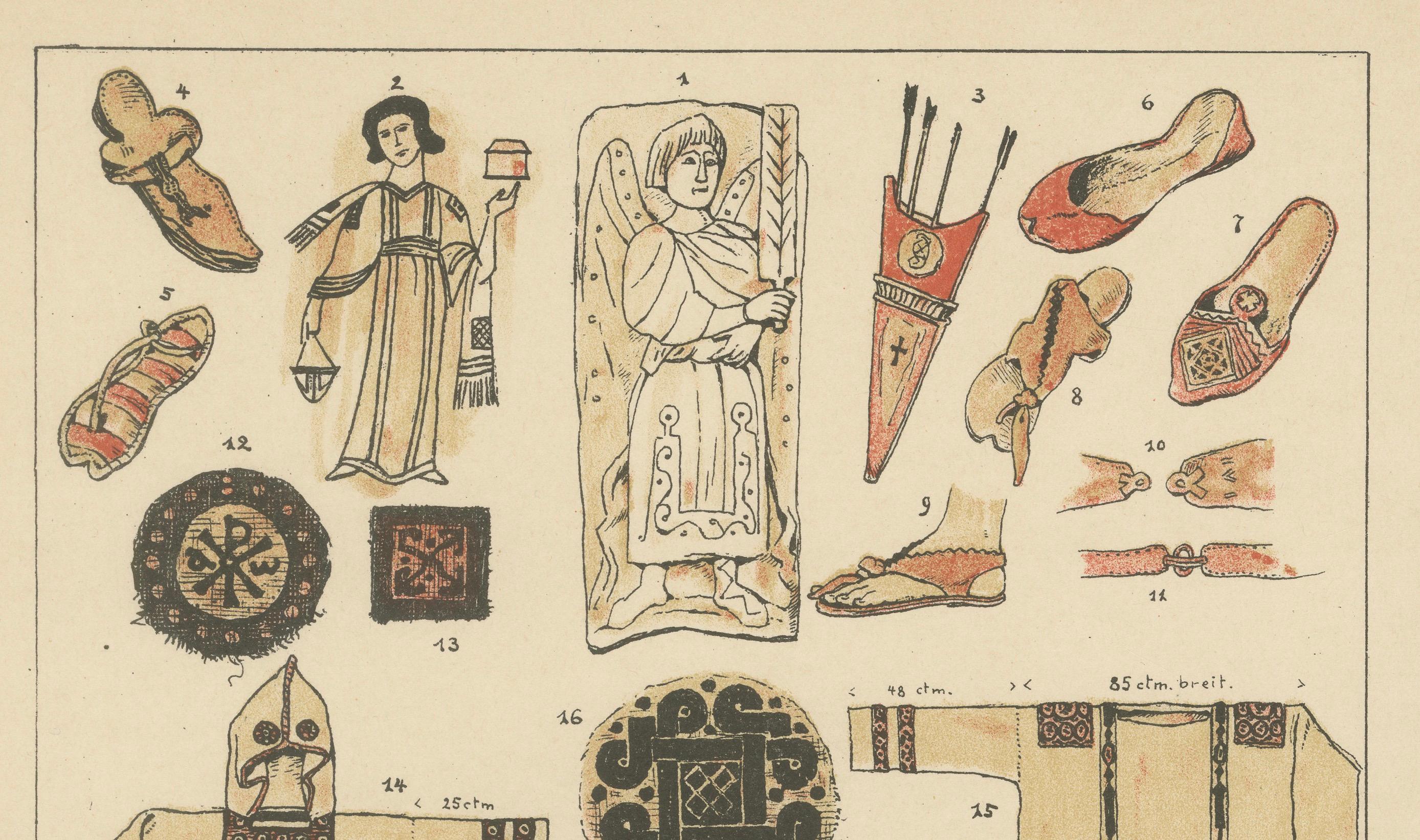 Antique Coptic Costume and Textile Plate, Hand-Colored Print c.1880
