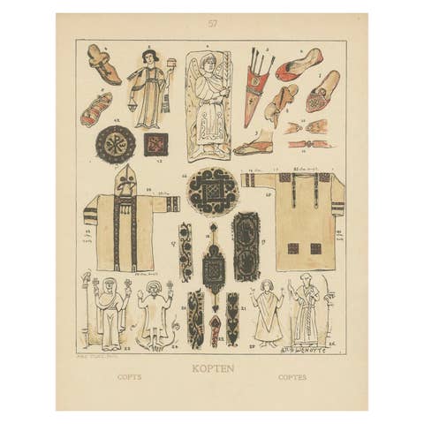 Antique Coptic Costume and Textile Plate, Hand-Colored Print c.1880