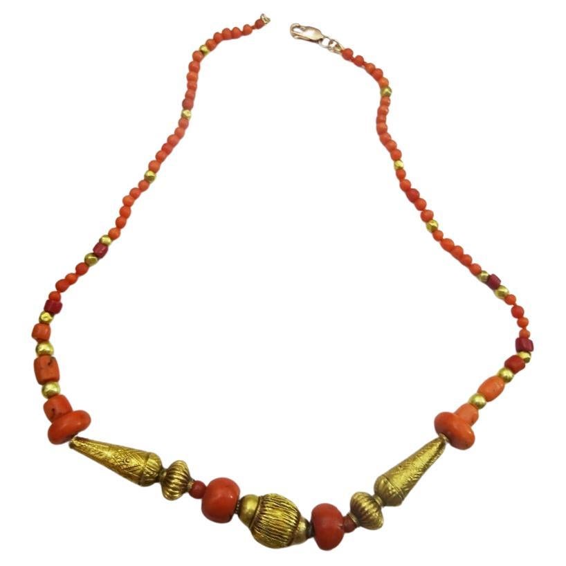 Antique Coral and  18 and 22 karat gold Beads Necklace For Sale