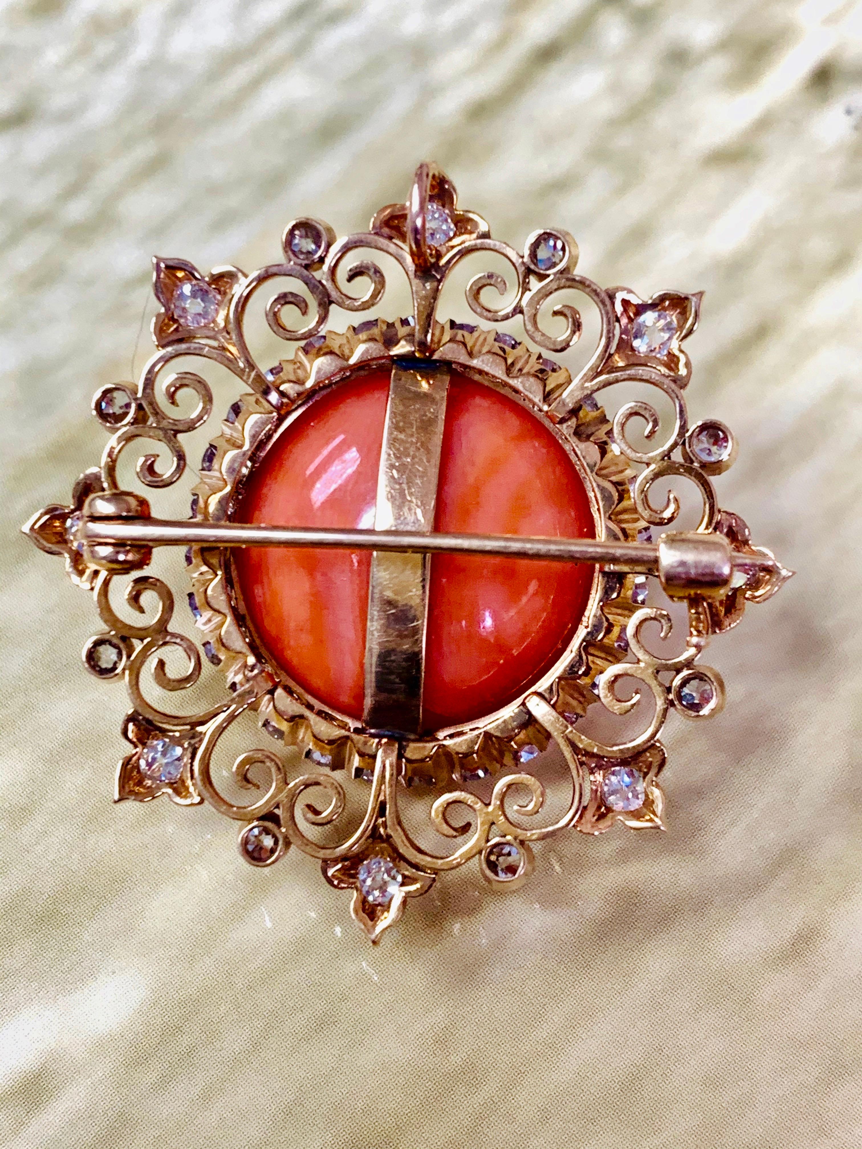 Round Cut Antique Coral and Diamond Broach in Yellow Gold