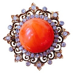 Antique Coral and Diamond Broach in Yellow Gold