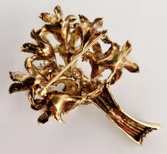 Antique Coral and Diamond Flower Shape Brooch in 14K Yellow Gold