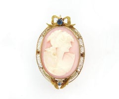 Antique Coral and Pearl Cameo Brooch Pendant in 14K Yellow Gold