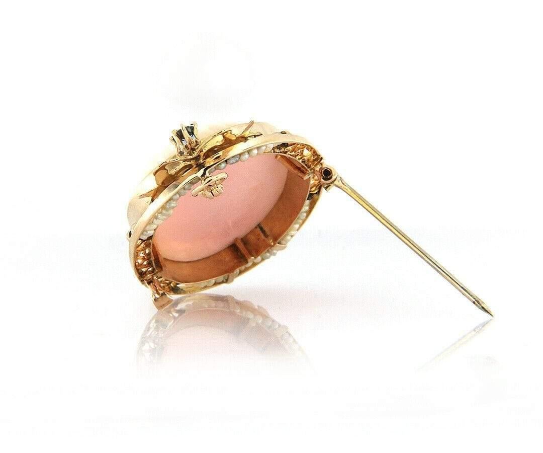 Mixed Cut Antique Coral and Pearl Cameo Brooch Pendant in 14K Yellow Gold For Sale