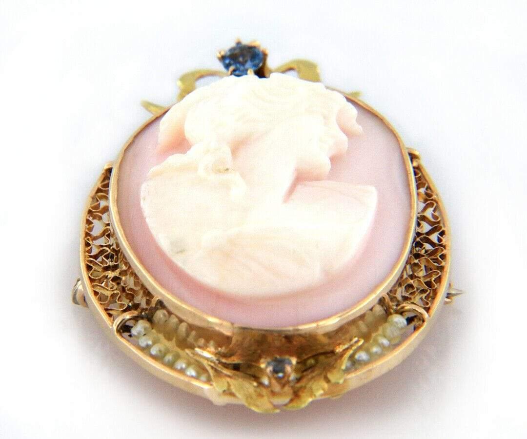 Antique Coral and Pearl Cameo Brooch Pendant in 14K Yellow Gold In Excellent Condition For Sale In Vienna, VA