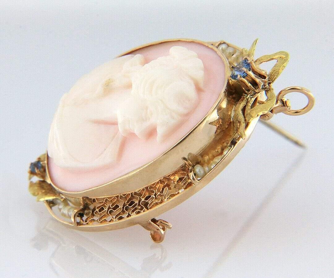 Antique Coral and Pearl Cameo Brooch Pendant in 14K Yellow Gold For Sale 1