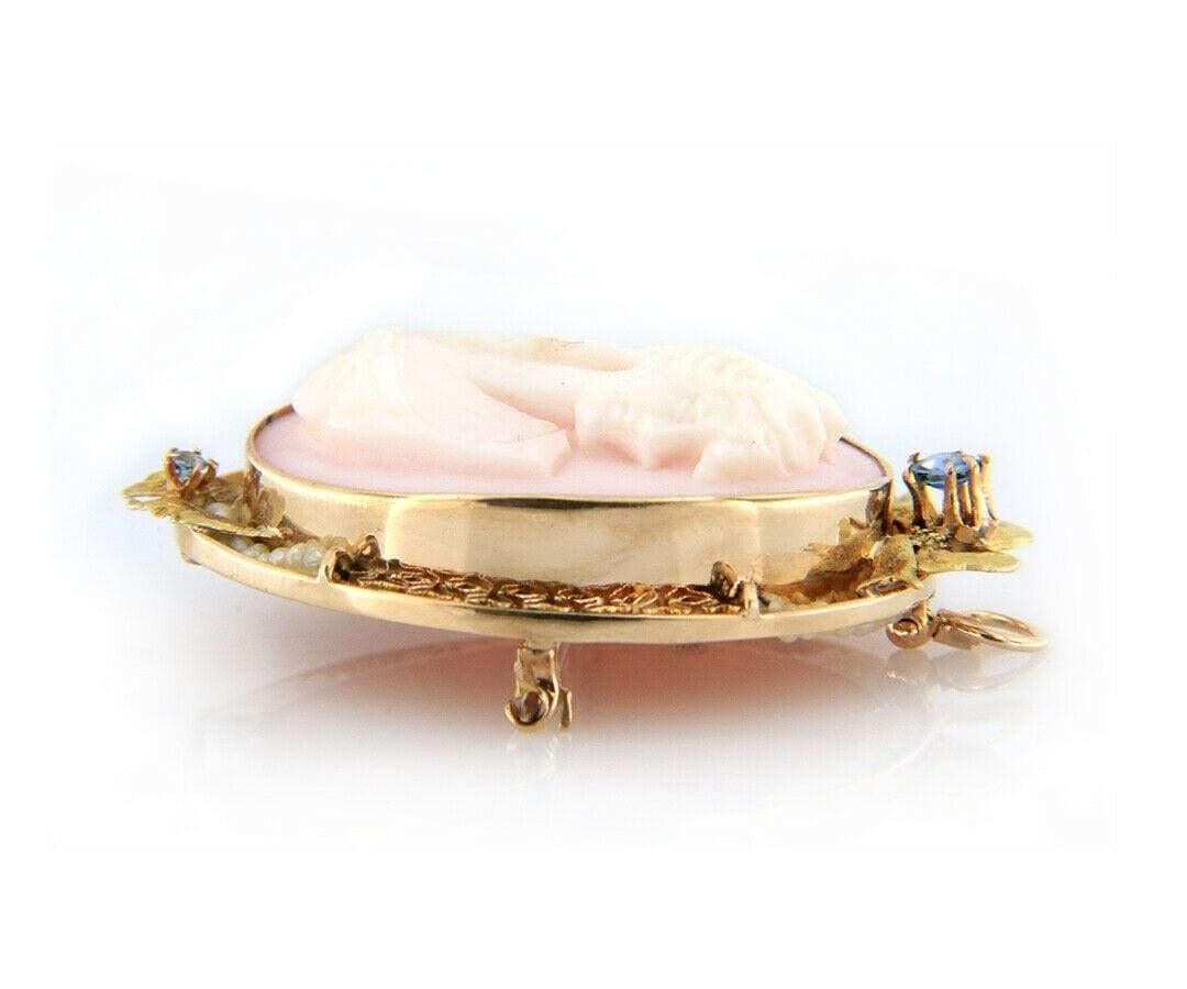 Antique Coral and Pearl Cameo Brooch Pendant in 14K Yellow Gold For Sale 2