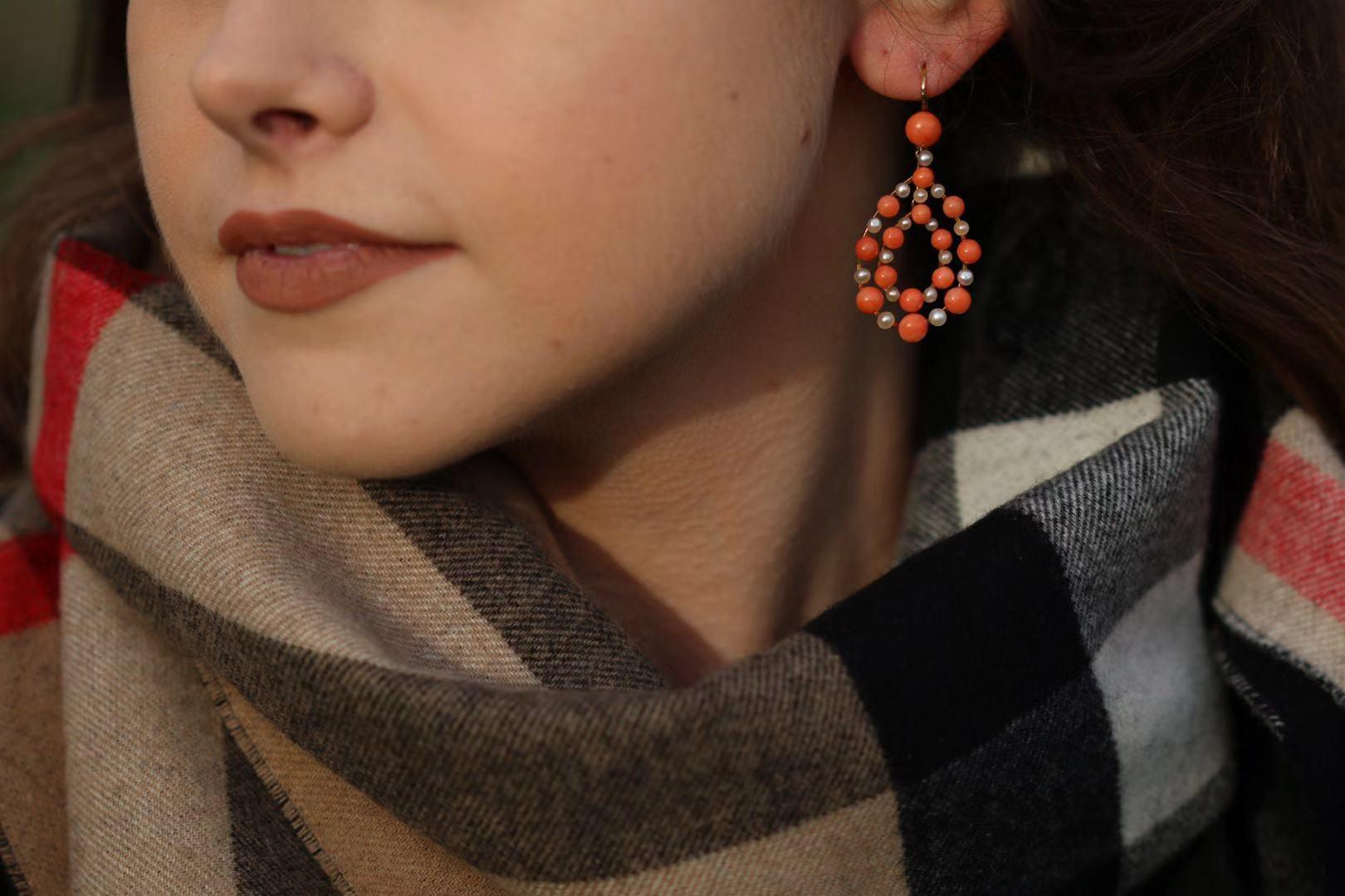 Bead Antique Coral and Pearl Gold Teardrop Earrings