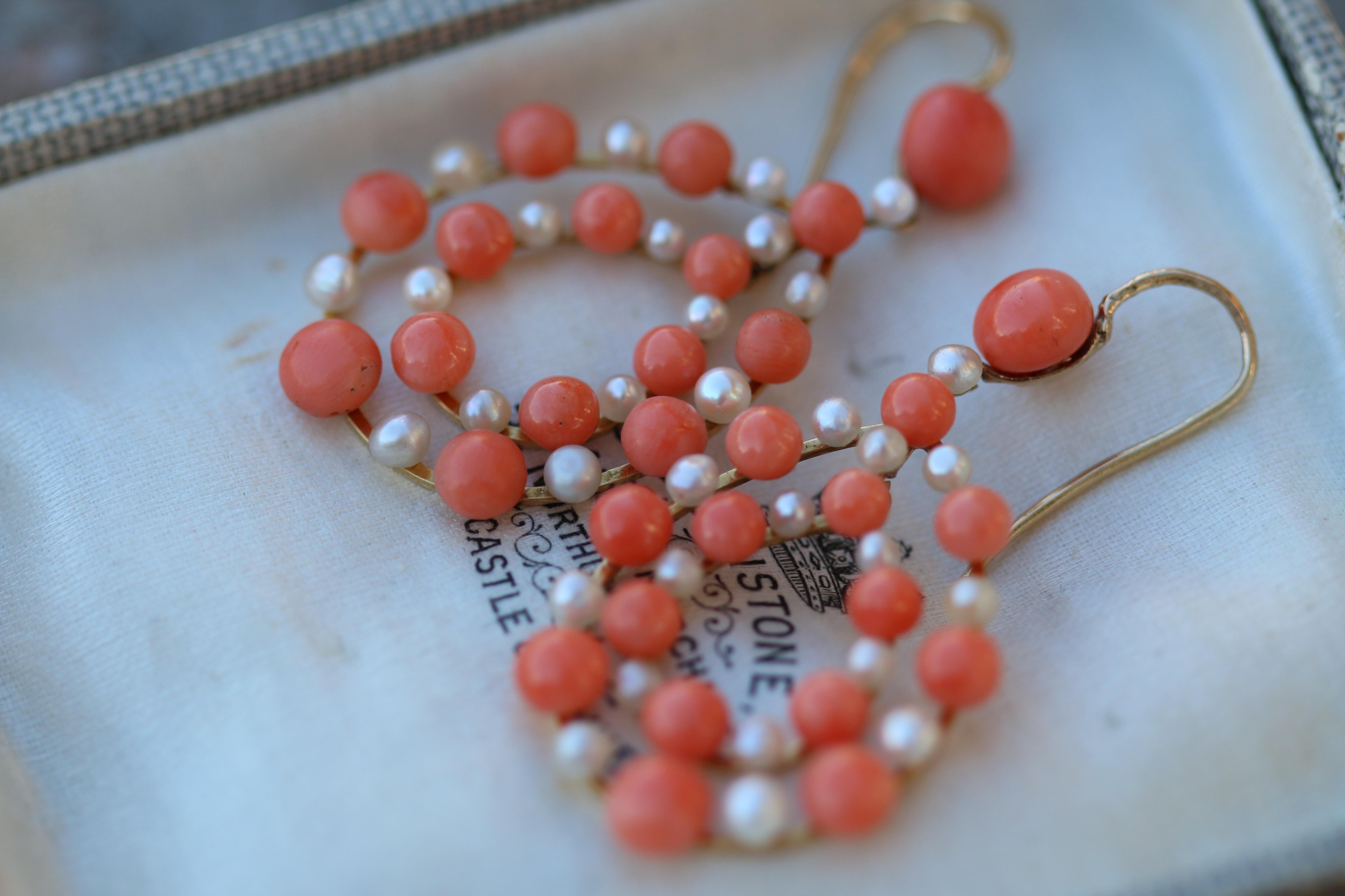 Antique Coral and Pearl Gold Teardrop Earrings In Excellent Condition In Banbury, GB