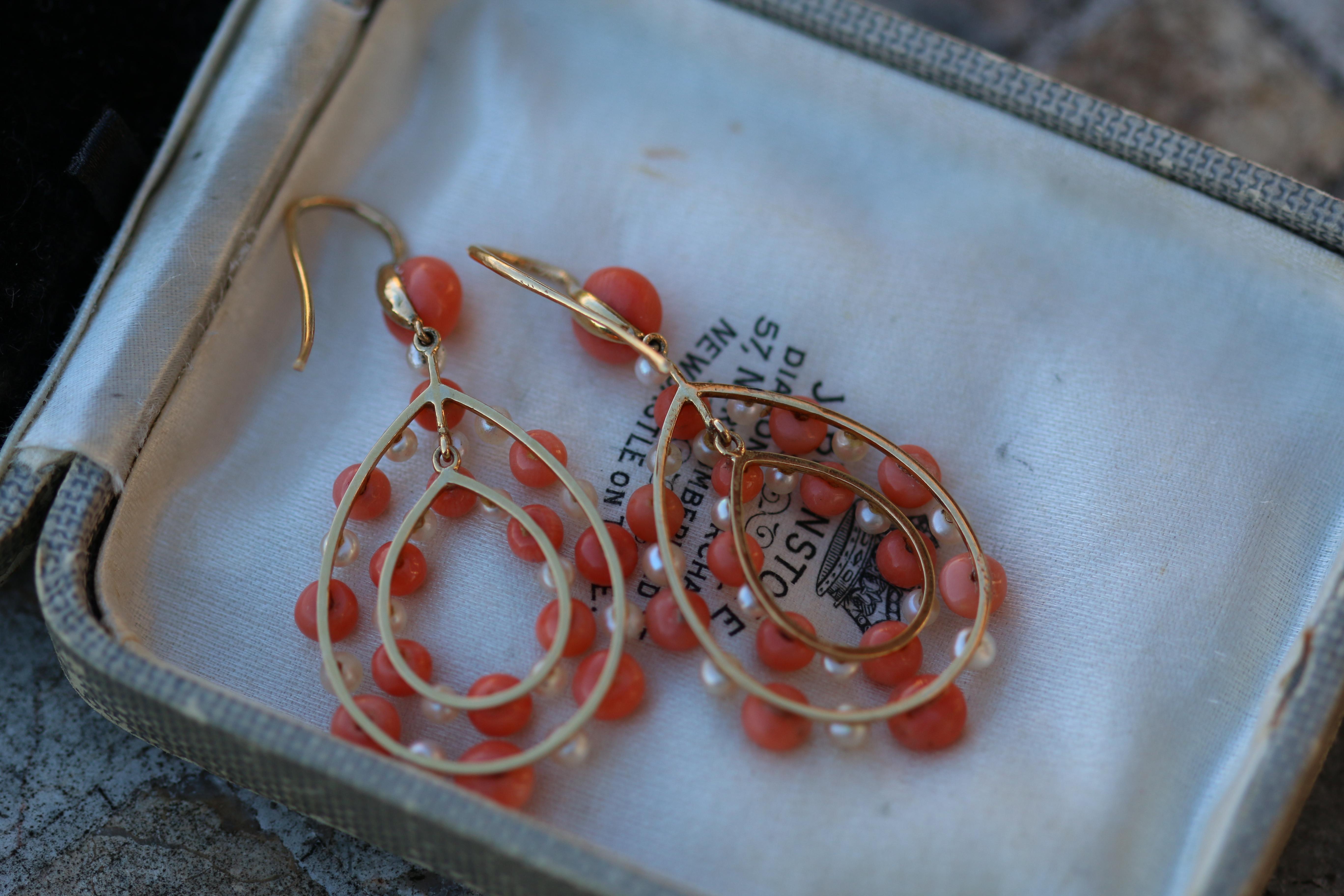 Women's Antique Coral and Pearl Gold Teardrop Earrings