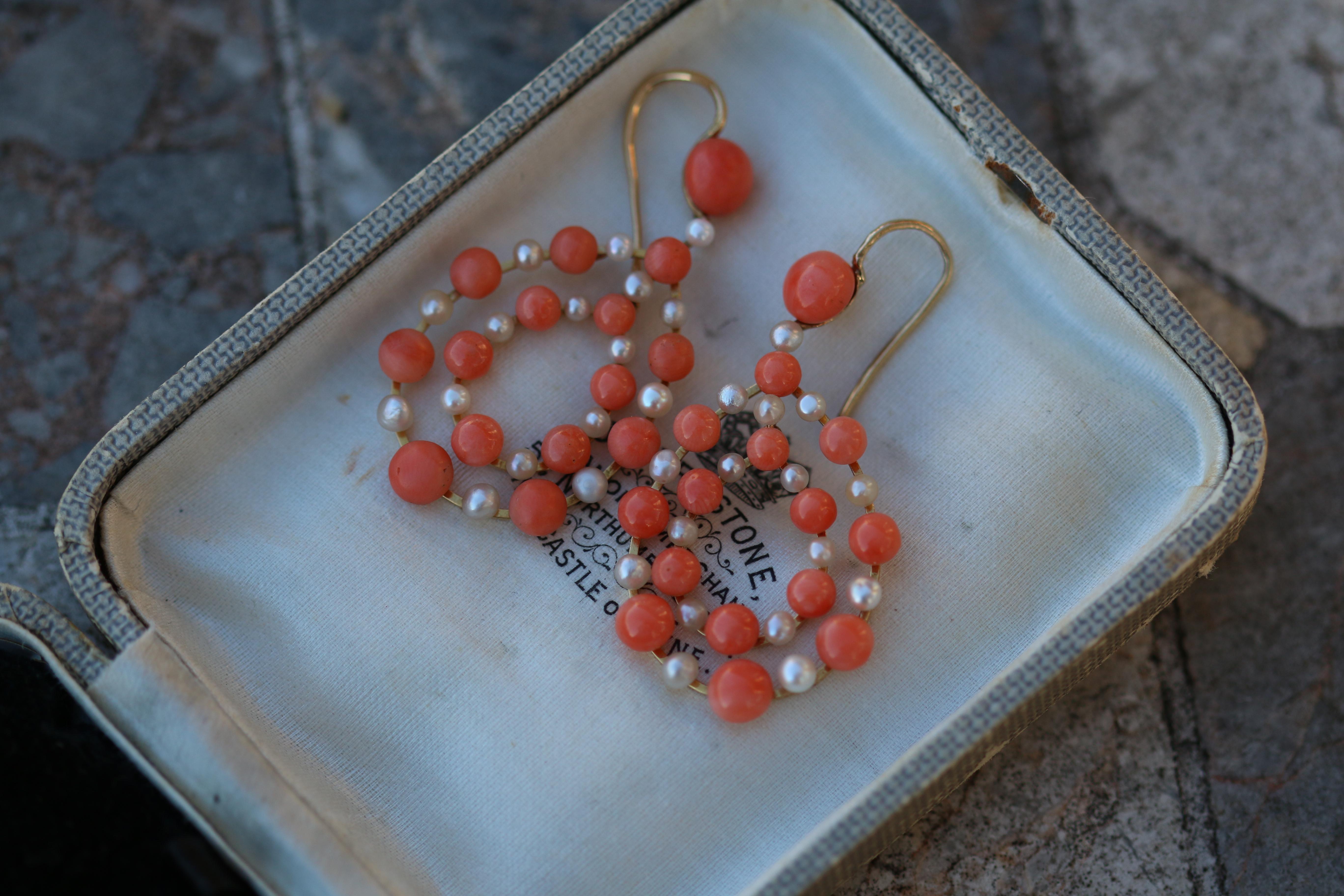 Antique Coral and Pearl Gold Teardrop Earrings 1