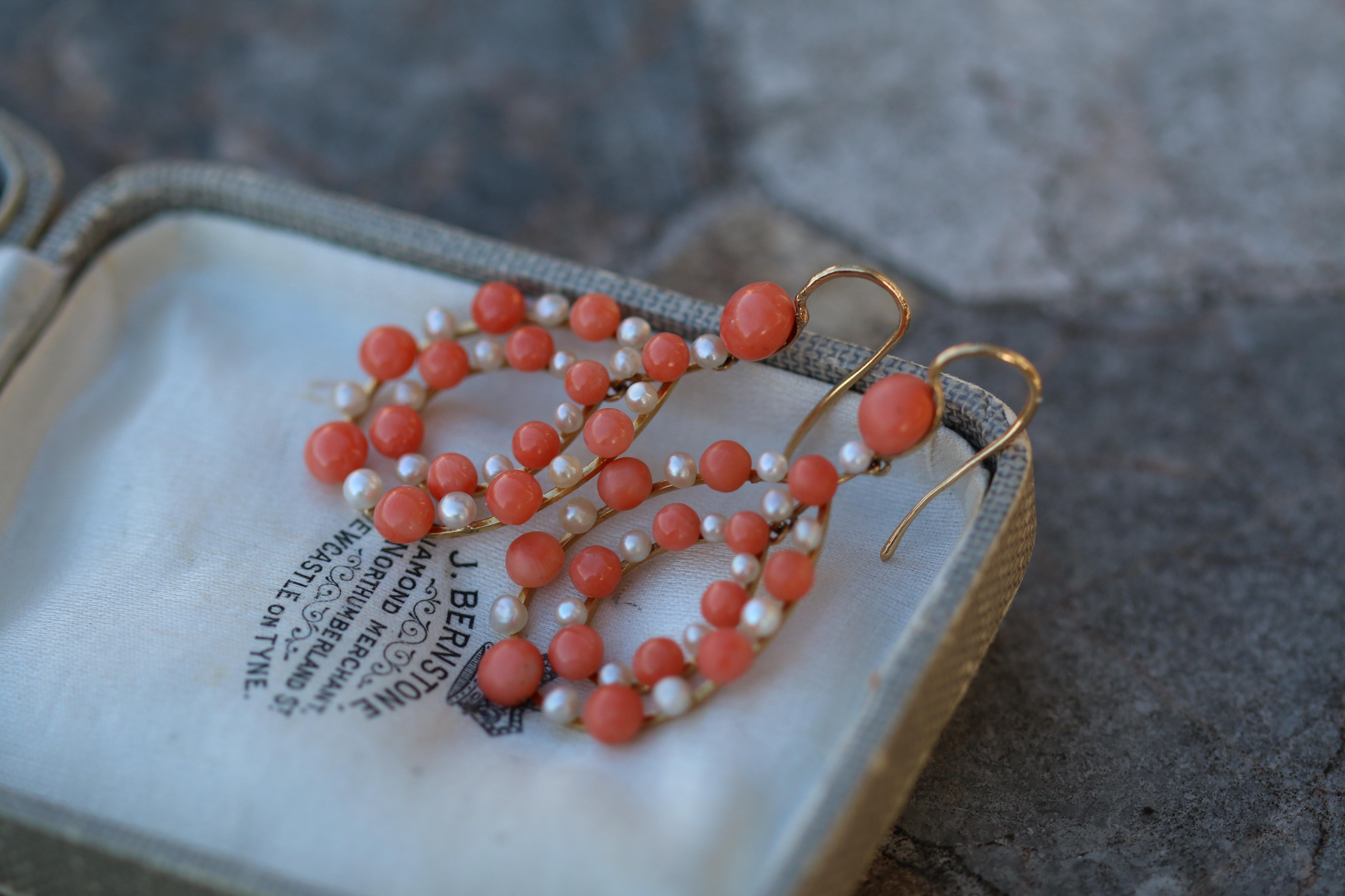 Antique Coral and Pearl Gold Teardrop Earrings 2