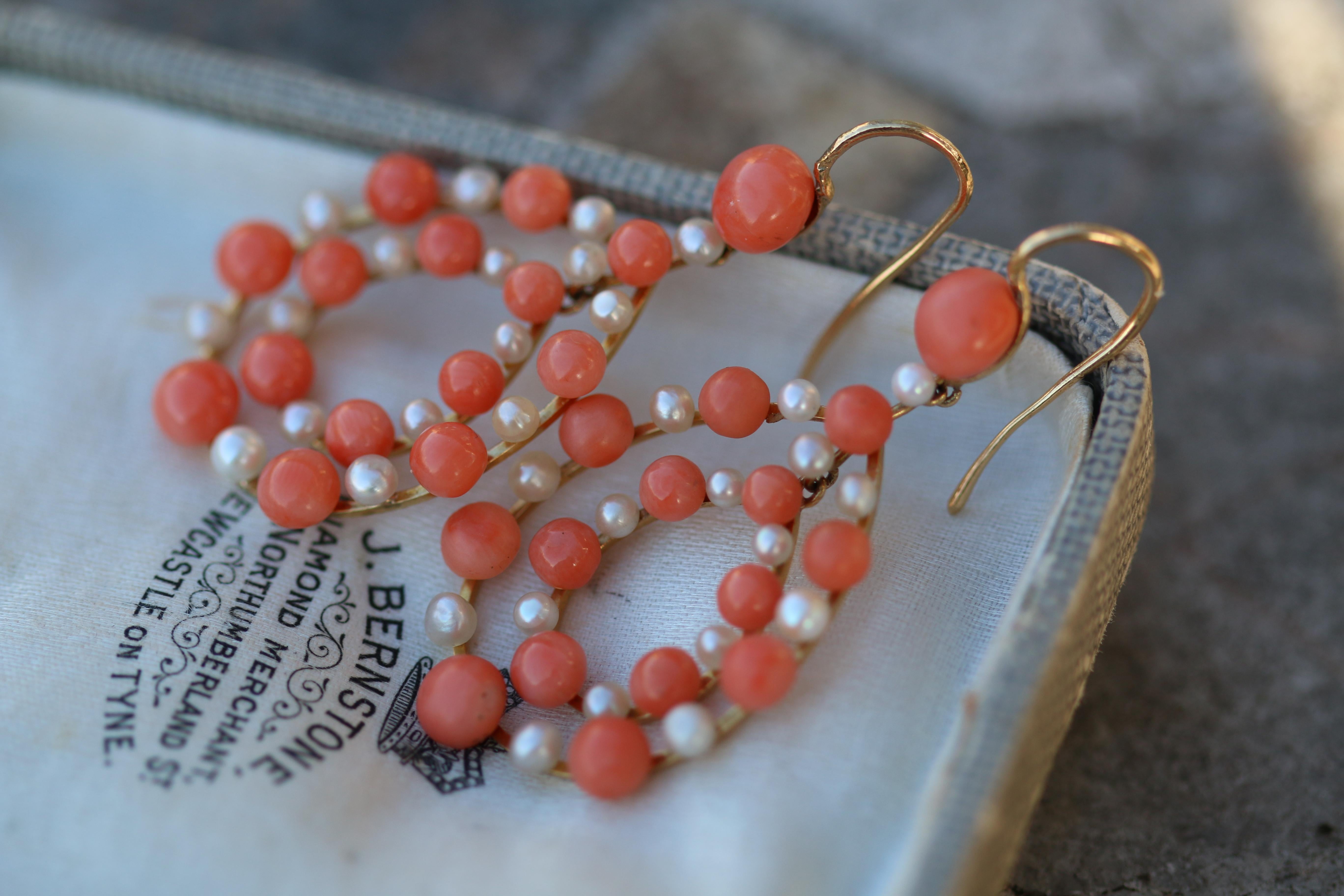 Antique Coral and Pearl Gold Teardrop Earrings 3