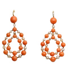 Retro Coral and Pearl Gold Teardrop Earrings