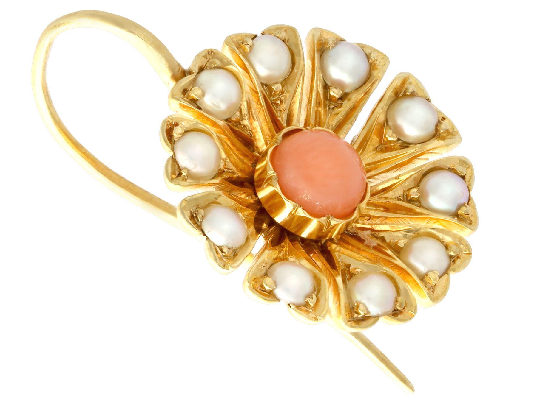 Round Cut Antique Coral and Seed Pearl Yellow Gold Earrings