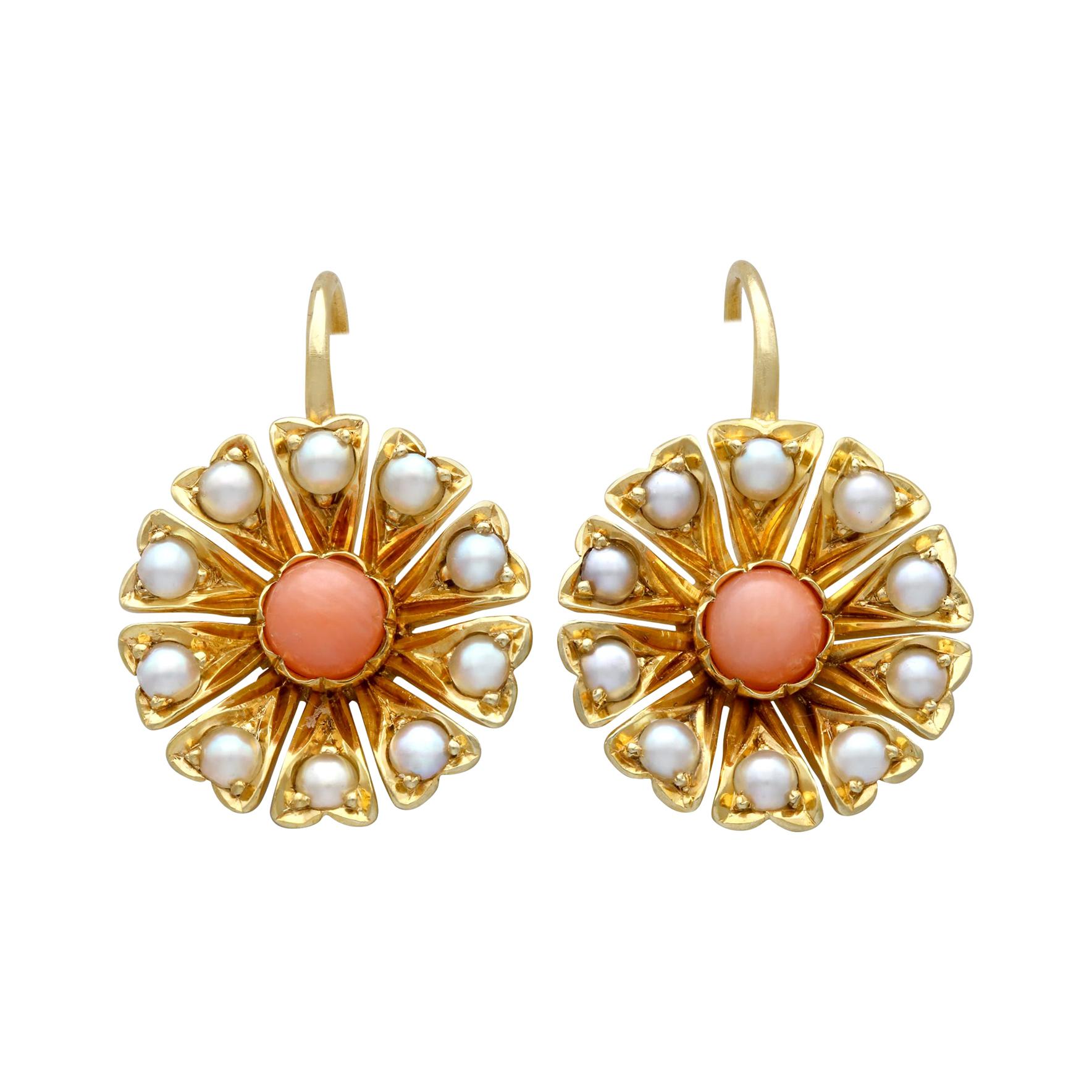 Antique Coral and Seed Pearl Yellow Gold Earrings