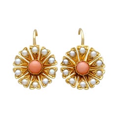 Antike Korallen- und Perlenketten-Ohrringe aus Gelbgold