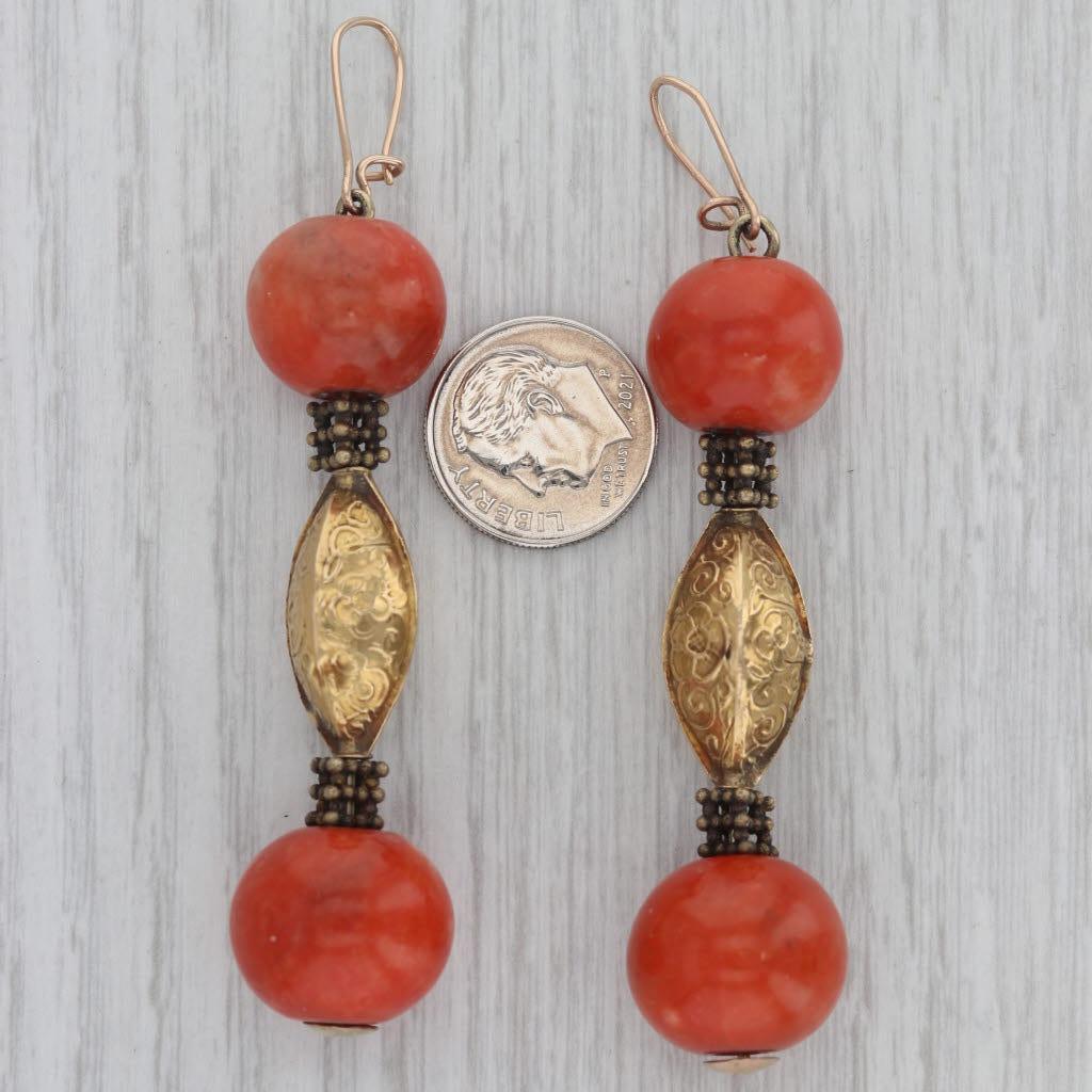Femenino o masculino Pendientes Colgantes de Cuentas de Coral Antiguo Oro de 18k Gotas Florales Adornadas Gancho Postes en venta